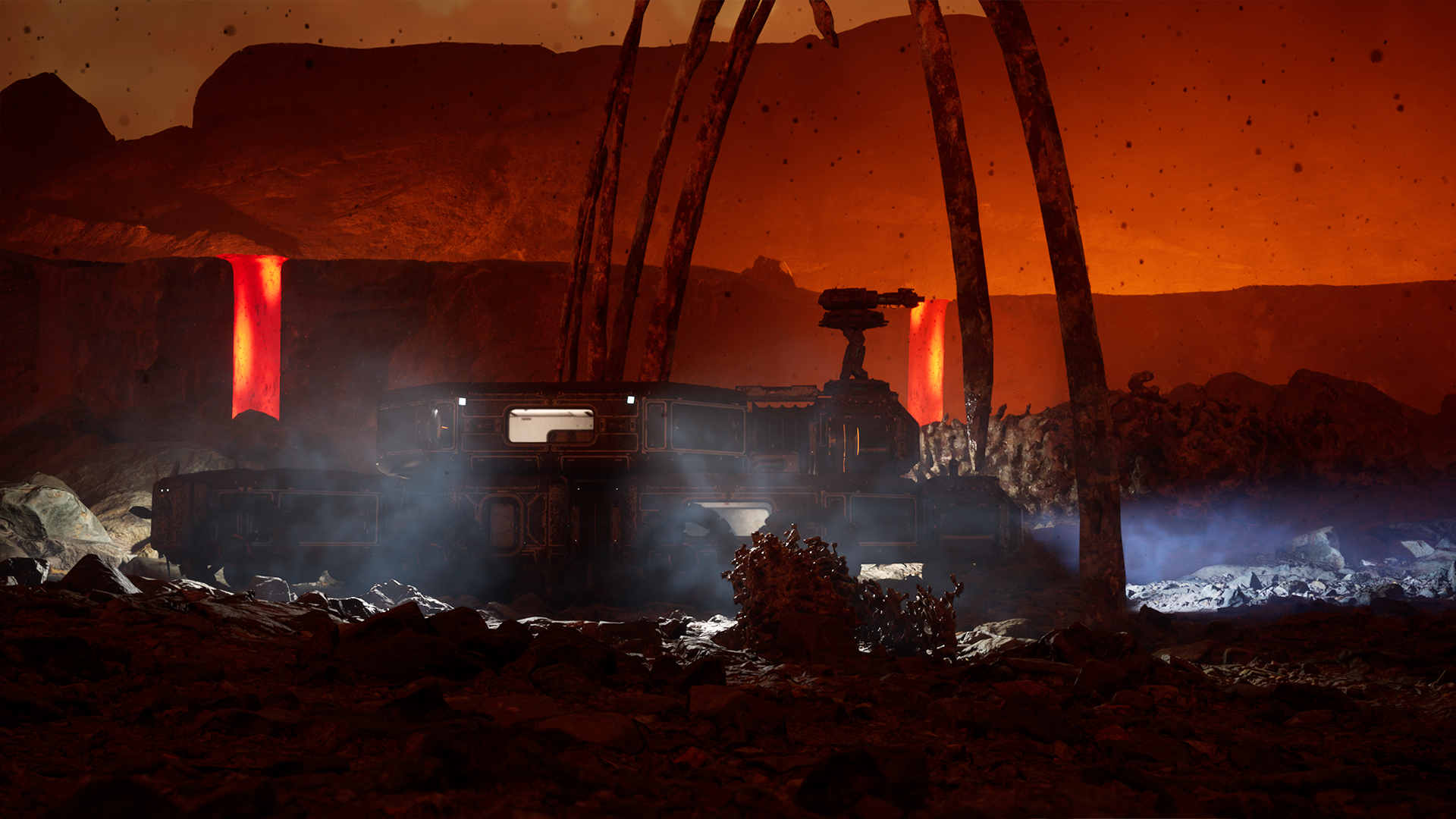A futuristic vehicle on a rocky terrain near lava waterfalls and tall, rusted structures against a fiery orange sky.