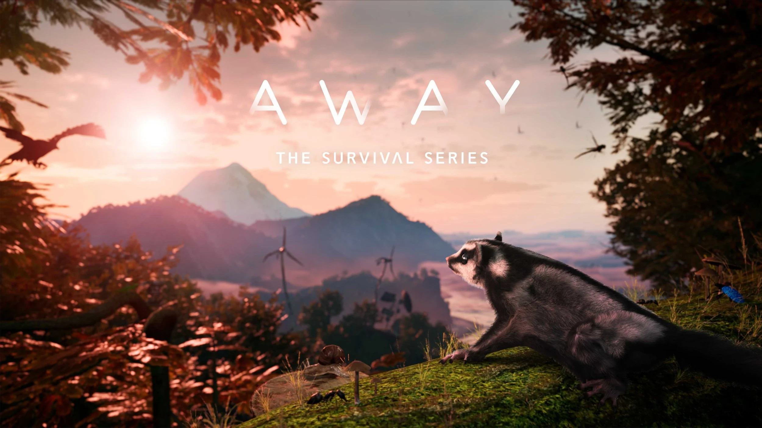 A scenic landscape with mountains and wind turbines at sunset, with a cat in the foreground and text overlay reading 'AWAY THE SURVIVAL SERIES'.