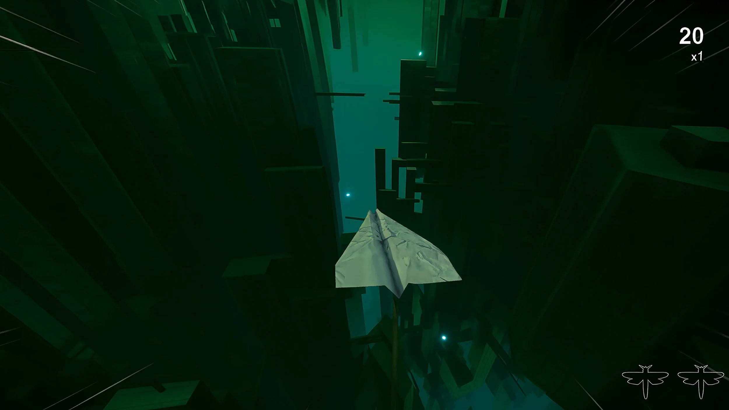 Fold & Fly, A spaceship flying through a futuristic cityscape with tall, dark buildings under a green-tinted sky.