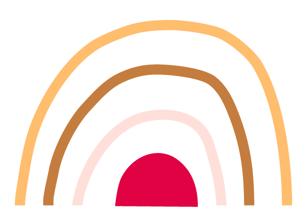 Abstract rainbow illustration with four colored arches: orange, brown, pink, and red. Minimalist design on a black background.