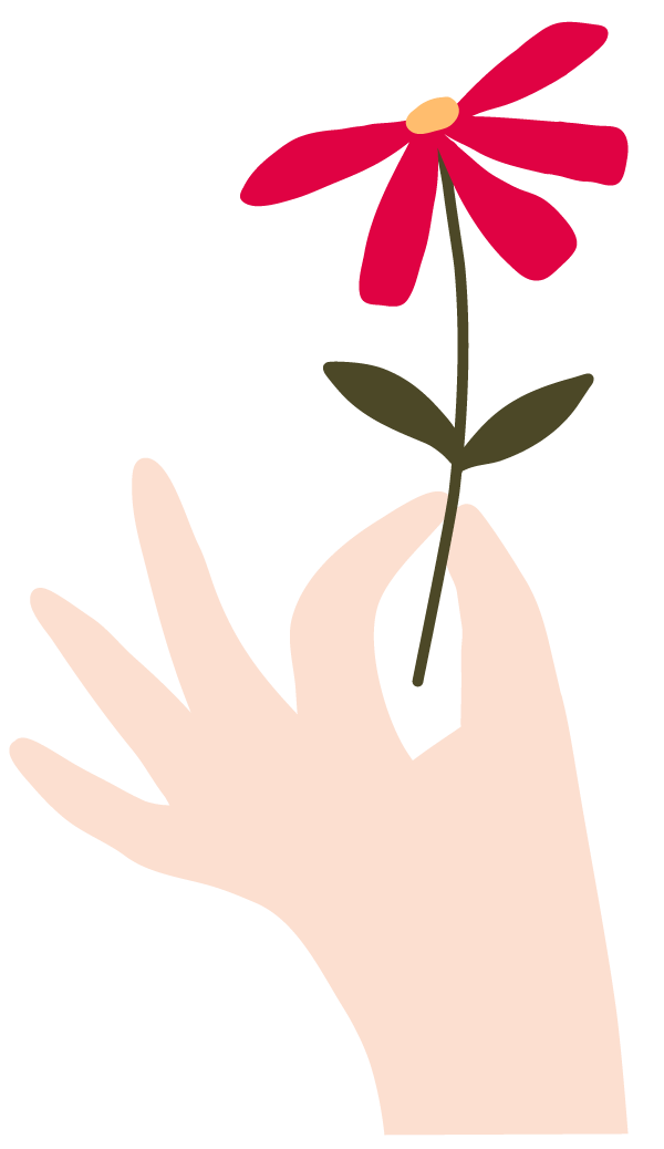 Illustration of a hand holding a pink daisy-like flower with green stem and leaves.