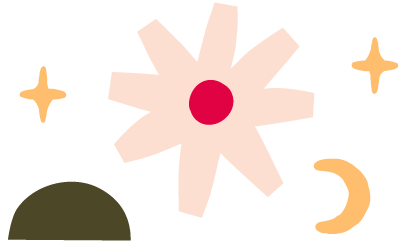 Abstract illustration with a large flower, crescent moon, and stars.