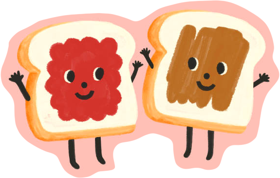 Cartoon bread slices with jam and peanut butter, smiling with arms and legs.