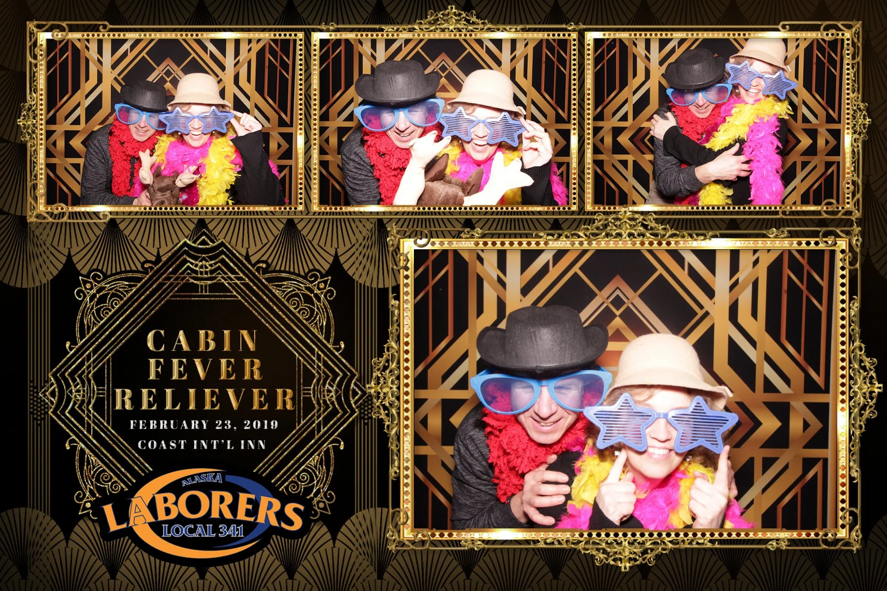 Photo booth collage from a Cabin Fever Relief event on February 23, 2019, at Coast Inn in Alaska, featuring two people wearing hats and colorful accessories, posing with playful expressions against a geometric art deco background.