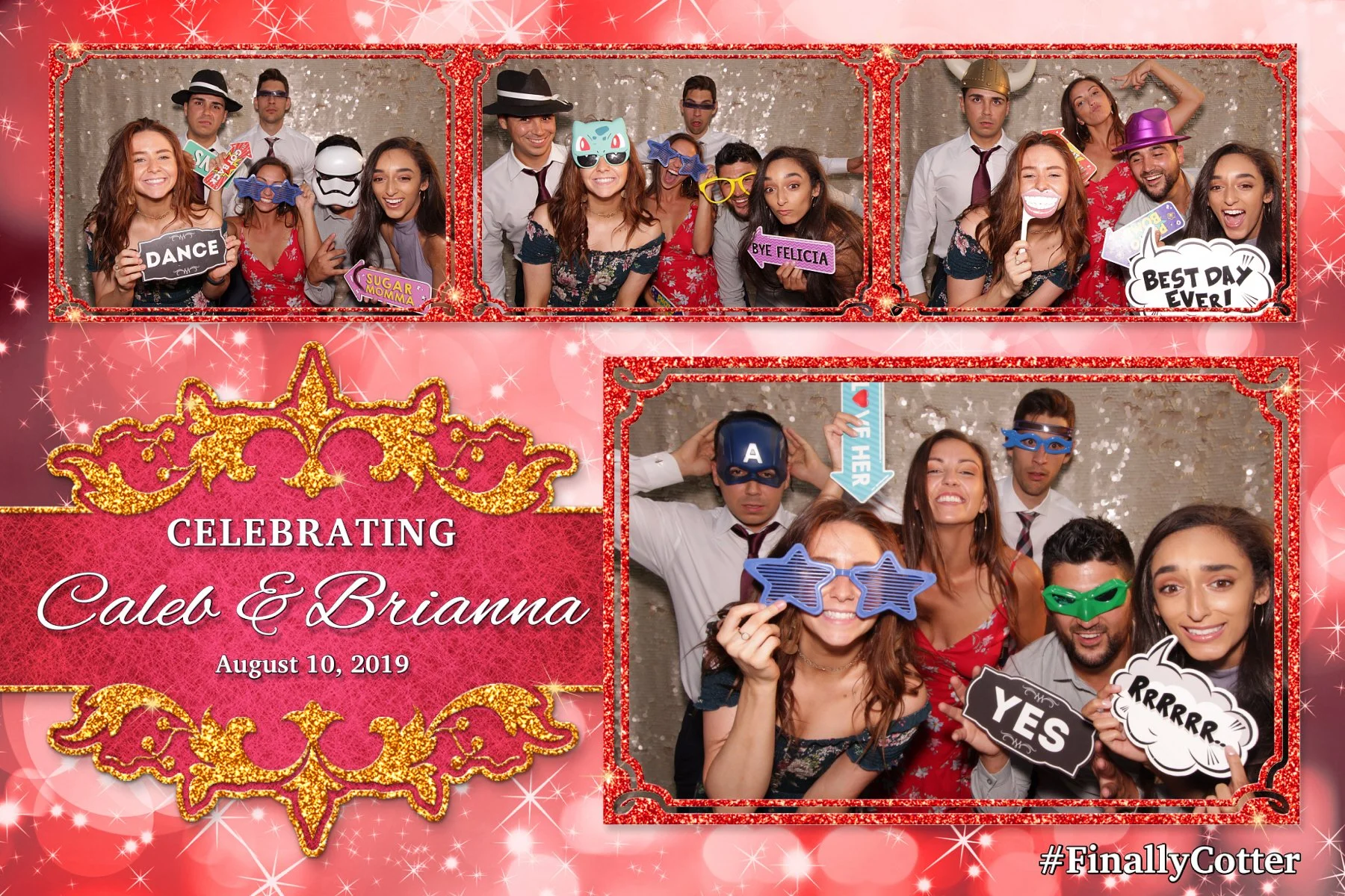 Photo booth collage celebrating Caleb and Brianna wedding on August 10, 2019, with groups of guests wearing costumes and holding fun signs.
