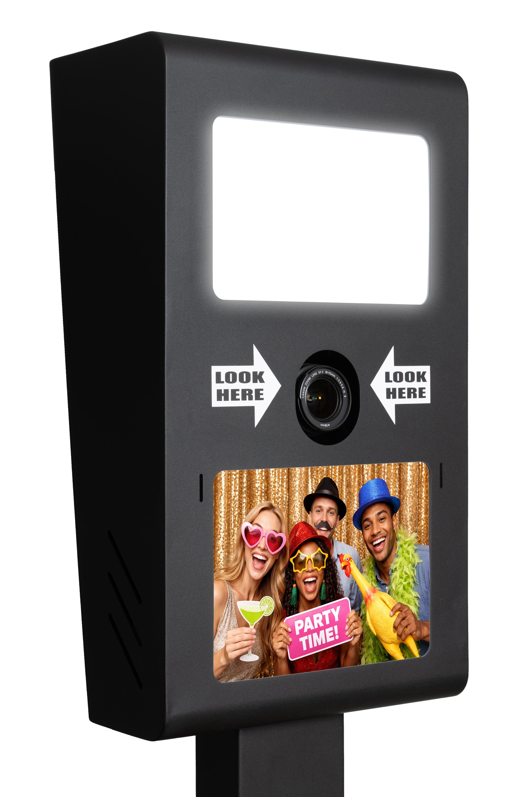 A photo booth with a digital screen displaying a group of four people dressed in colorful party accessories, holding signs and props, with a caption that reads 'PARTY TIME!'