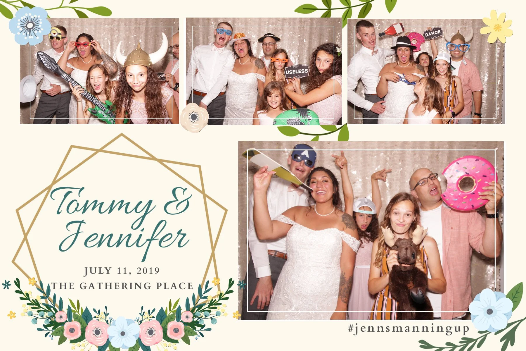 A wedding photo collage with multiple images of people in costumes and props, celebrating a wedding on July 11, 2019, at The Gathering Place. The central part features decorative text with the names Tommy and Jennifer surrounded by floral graphics, a
