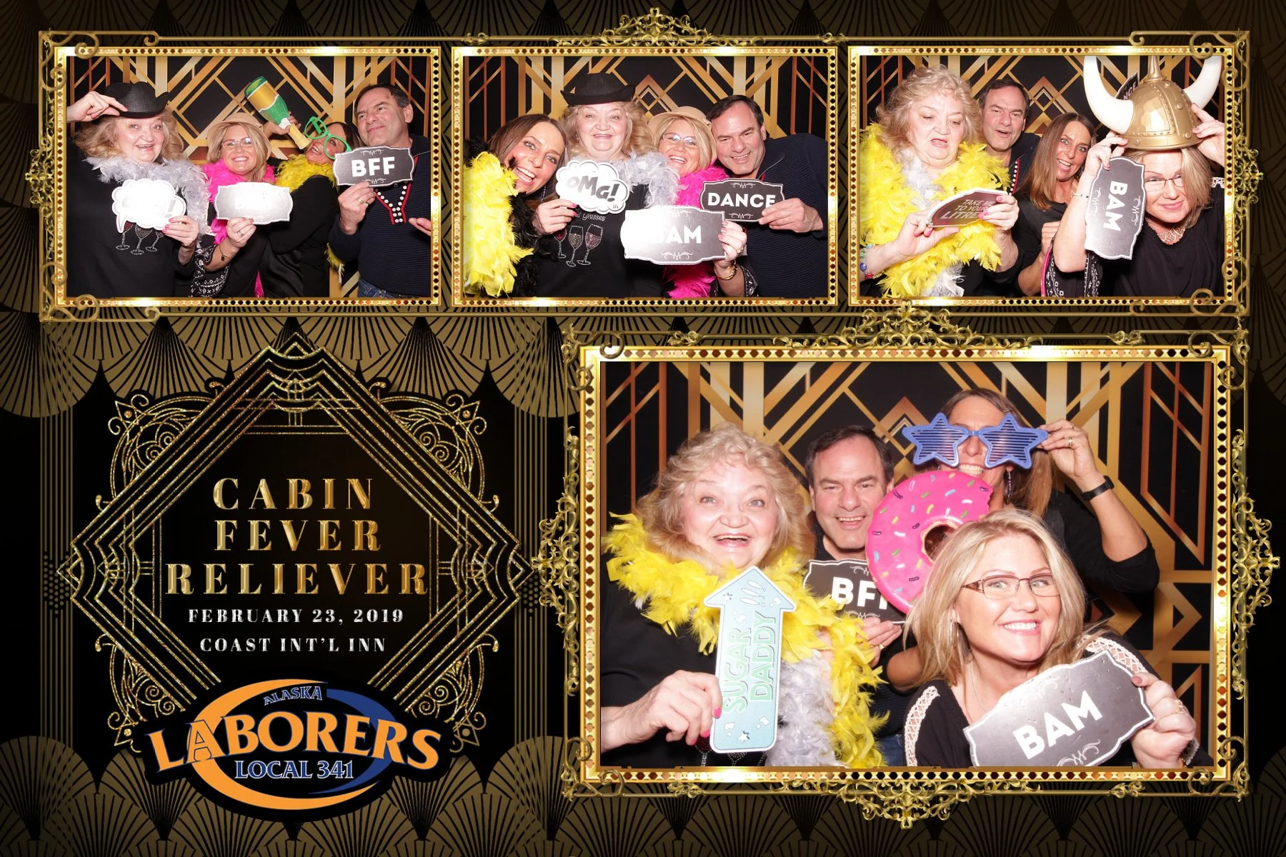 Photo booth collage from a Cabins Fever Relief event on February 23, 2019, at Coast International Inn, featuring groups of people using playful props and signs, with a decorative gold and black art deco style background and event details.