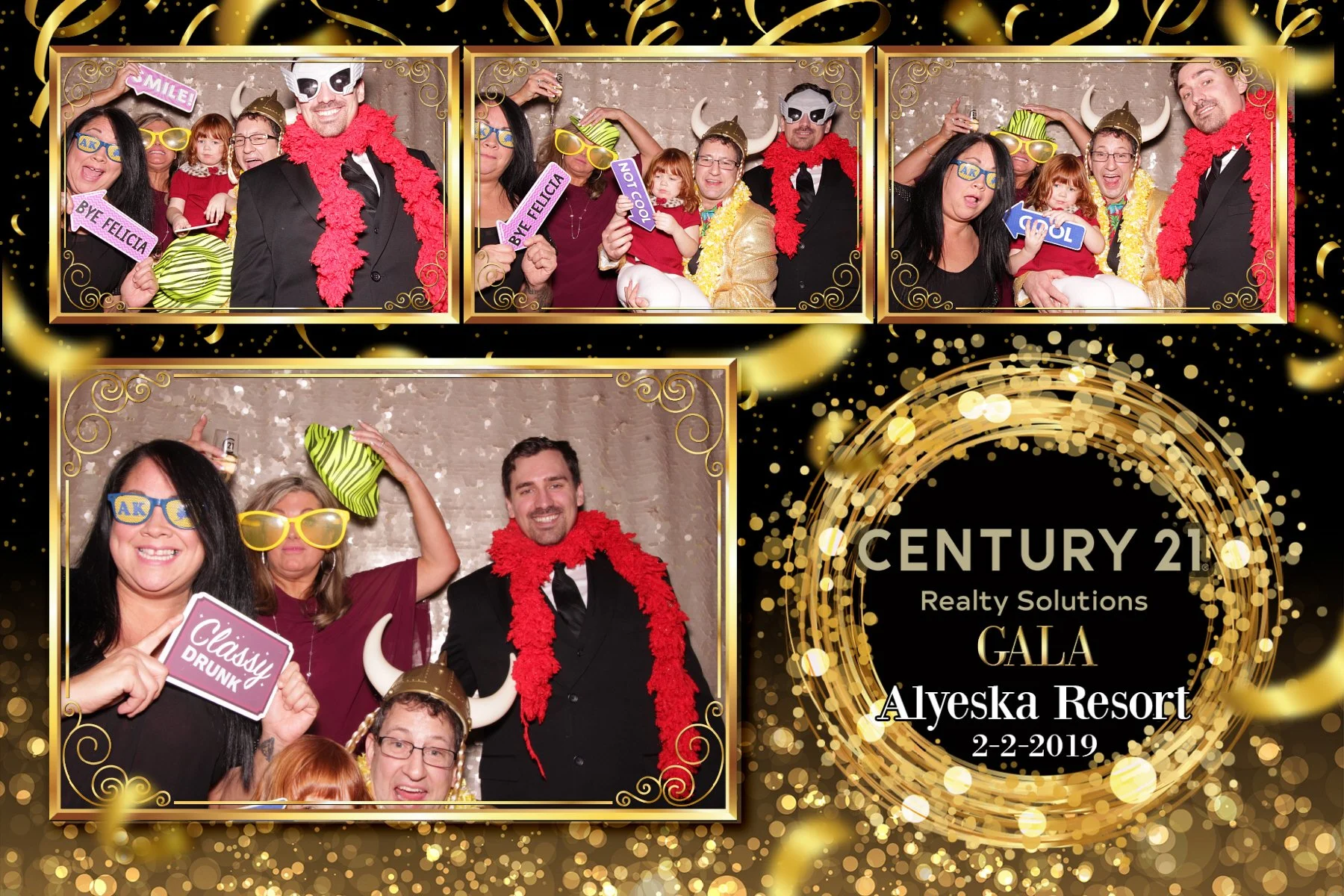 Group of people wearing fun costumes and props at a photo booth during a gala event. The background has a festive gold and black design with the event details, including 'Century 21 Realty Solutions Gala, Alyeska Resort, 2-2-2019'.