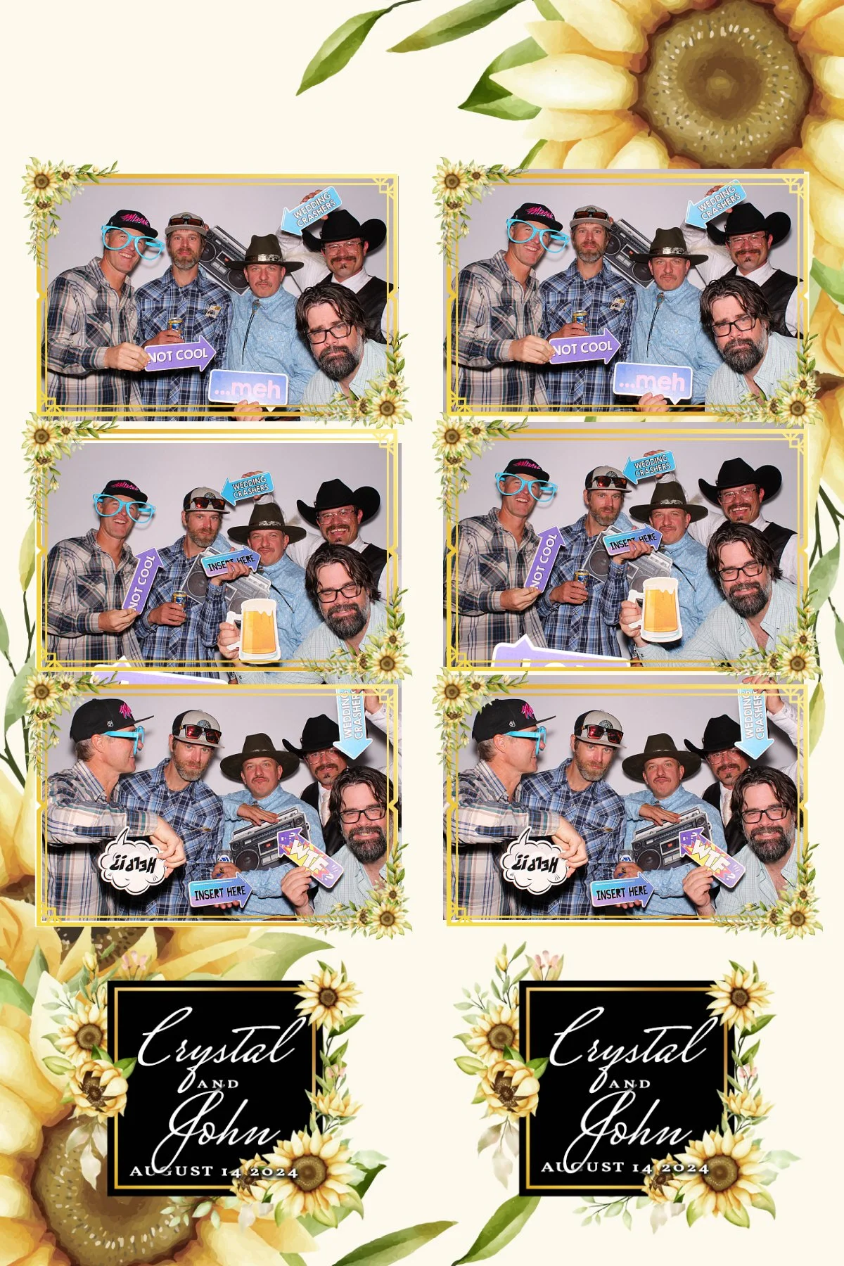 A photo booth collage featuring six pictures of four men wearing plaid shirts and various hats, with props like giant glasses, signs, and a boombox. The collage is framed with sunflower and floral decorations, and two black boxes with white text read