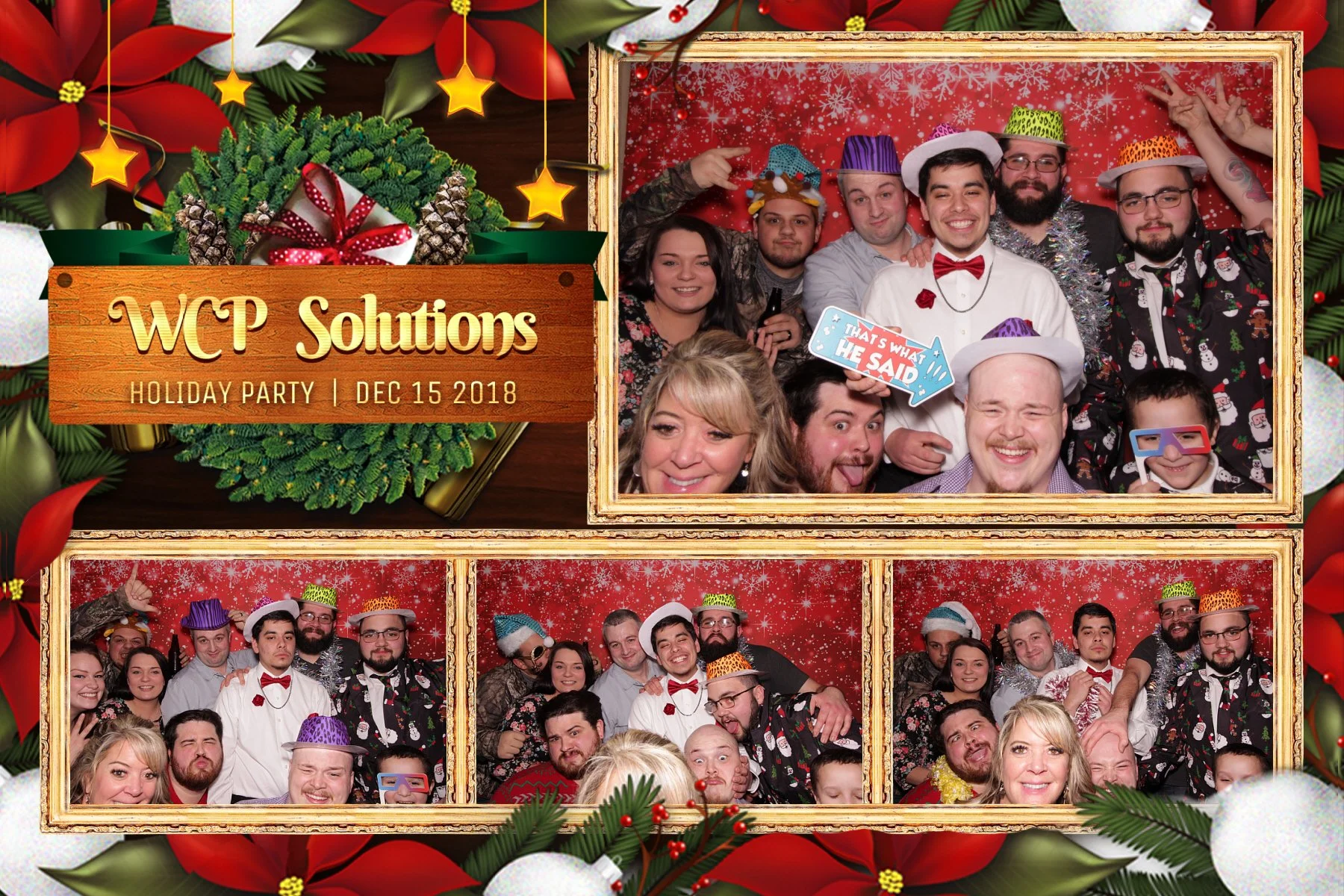 A collage of four photos from a holiday party held on December 15, 2018, with a festive background of Christmas decorations, poinsettias, and holly. The top right photo shows a group of people wearing colorful hats and holding props, smiling and posi