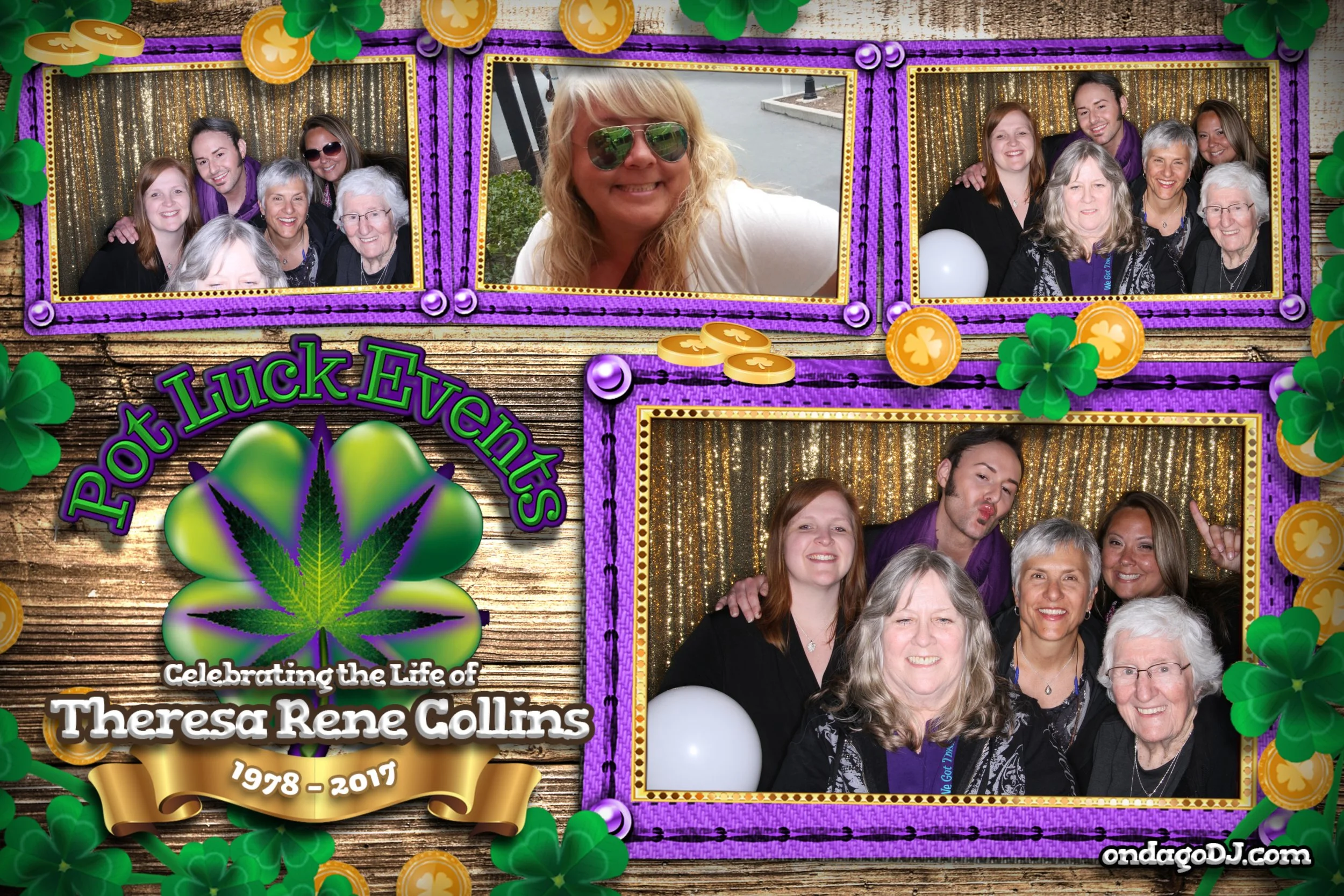 Collage of four photos from a celebration for Theresa Rene Collins, who lived from 1978 to 2017, with a St. Patrick's Day theme including shamrocks and gold coins, featuring a group of smiling people and a woman with sunglasses.