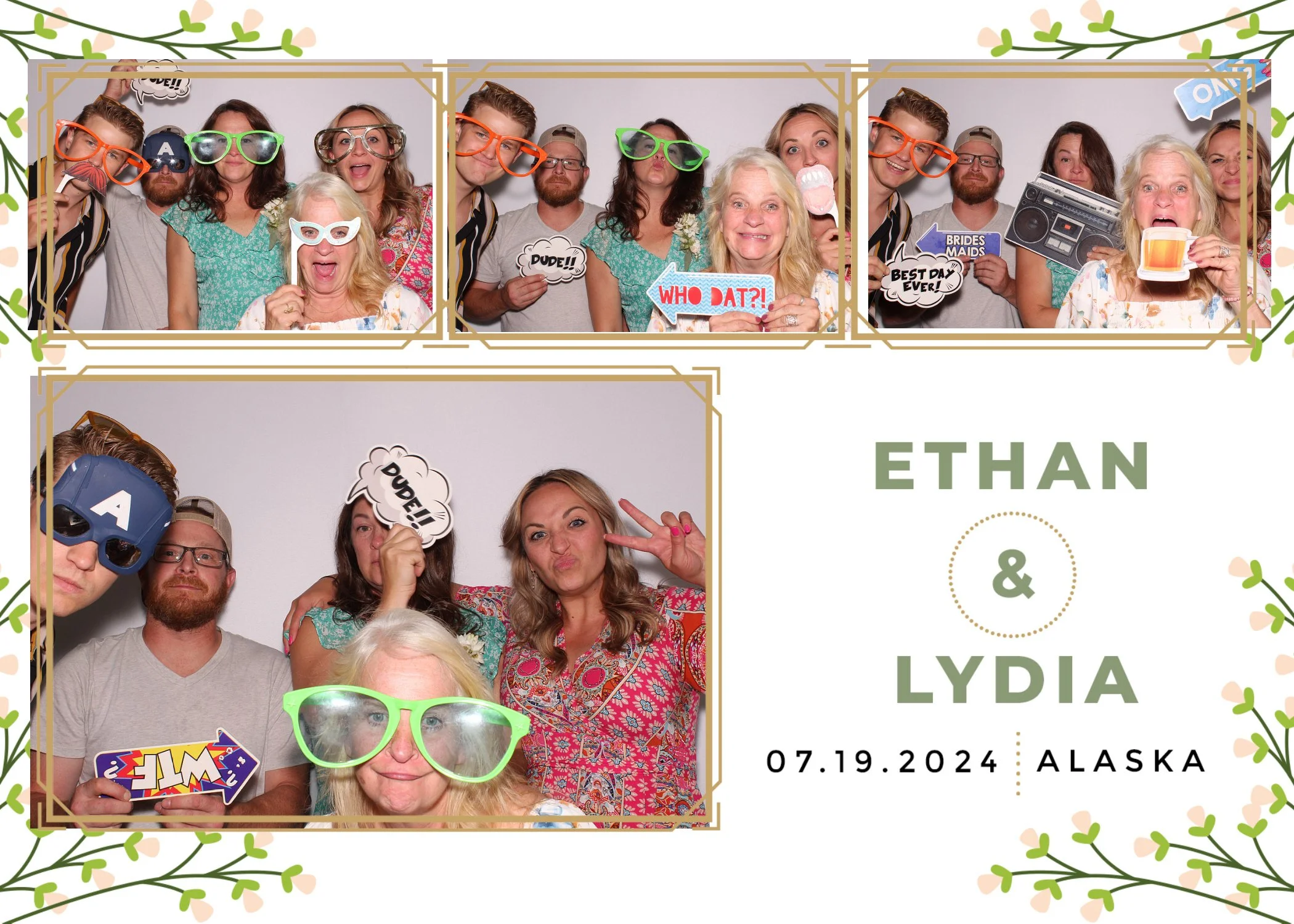 A photo booth collage from a wedding with multiple people making funny faces and holding props. The collage includes individual and group pictures with themed accessories like large glasses, signs, and hats. The background is plain gray with a floral