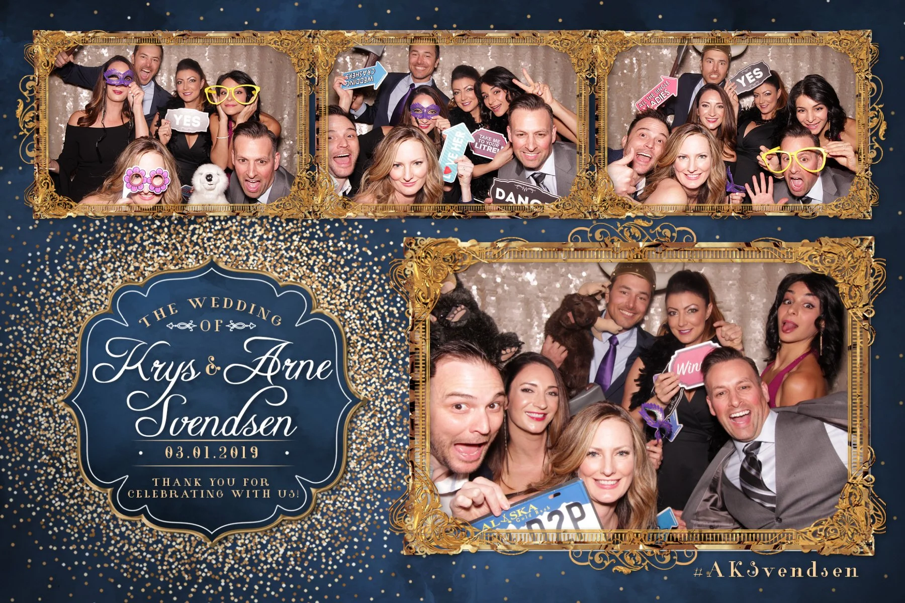 Photo booth strip from a wedding celebration, featuring two screens of guests in festive accessories, holding signs, and posing with props. The left side has wedding details: 'The wedding of Krys & Arne Svendsen, 03.01.2019', with a thank you note. T