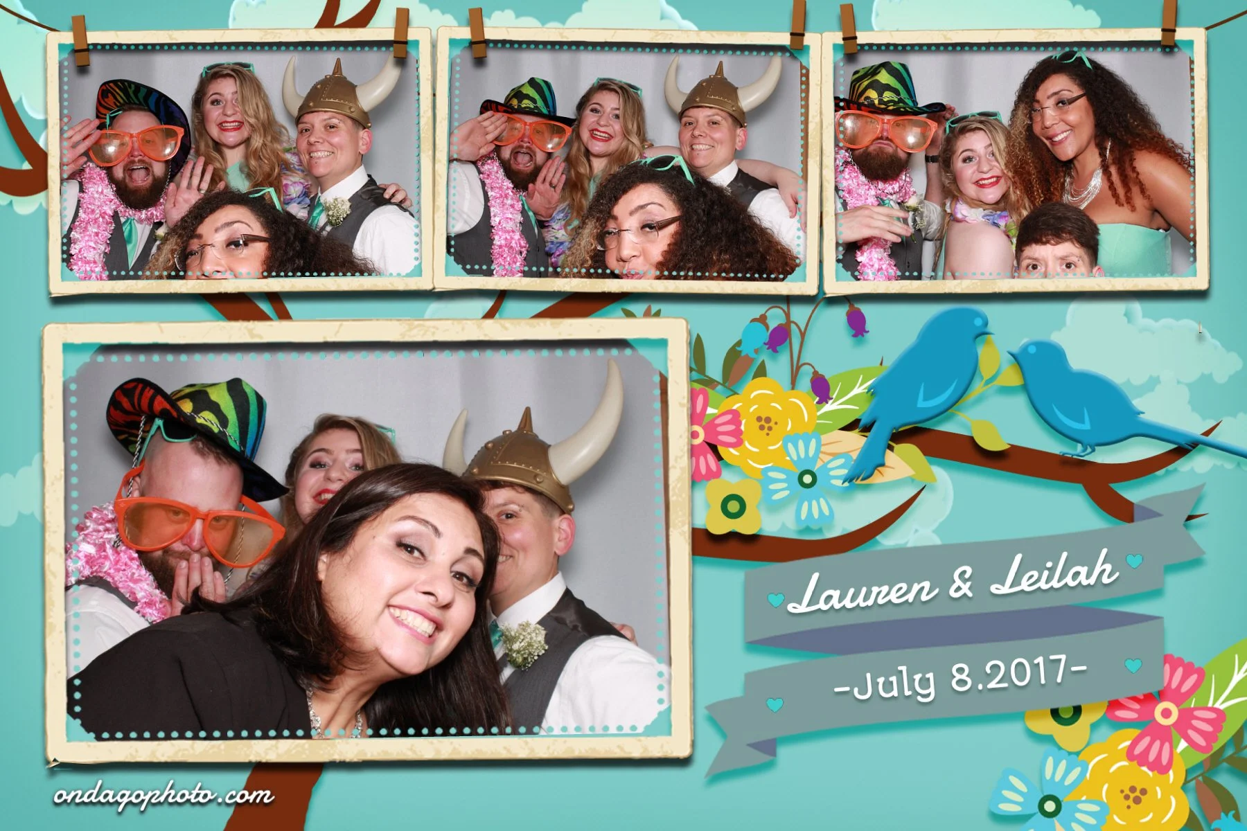 A photo booth collage from a wedding on July 8, 2017, showing five people in costumes with props such as hats, glasses, and a Viking helmet. The background features a blue sky, birds on a branch, and colorful flowers with the names Lauren and Leilah 