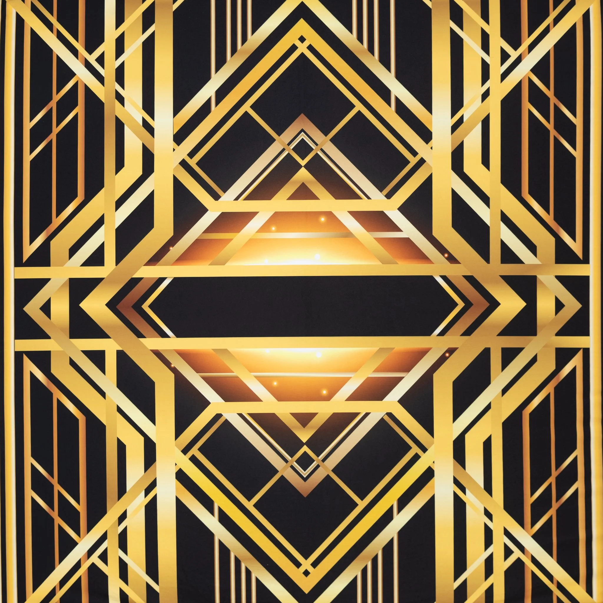 A symmetrical, geometric pattern of gold and black lines forming a diamond shape with glowing light accents, creating an art deco-inspired design.