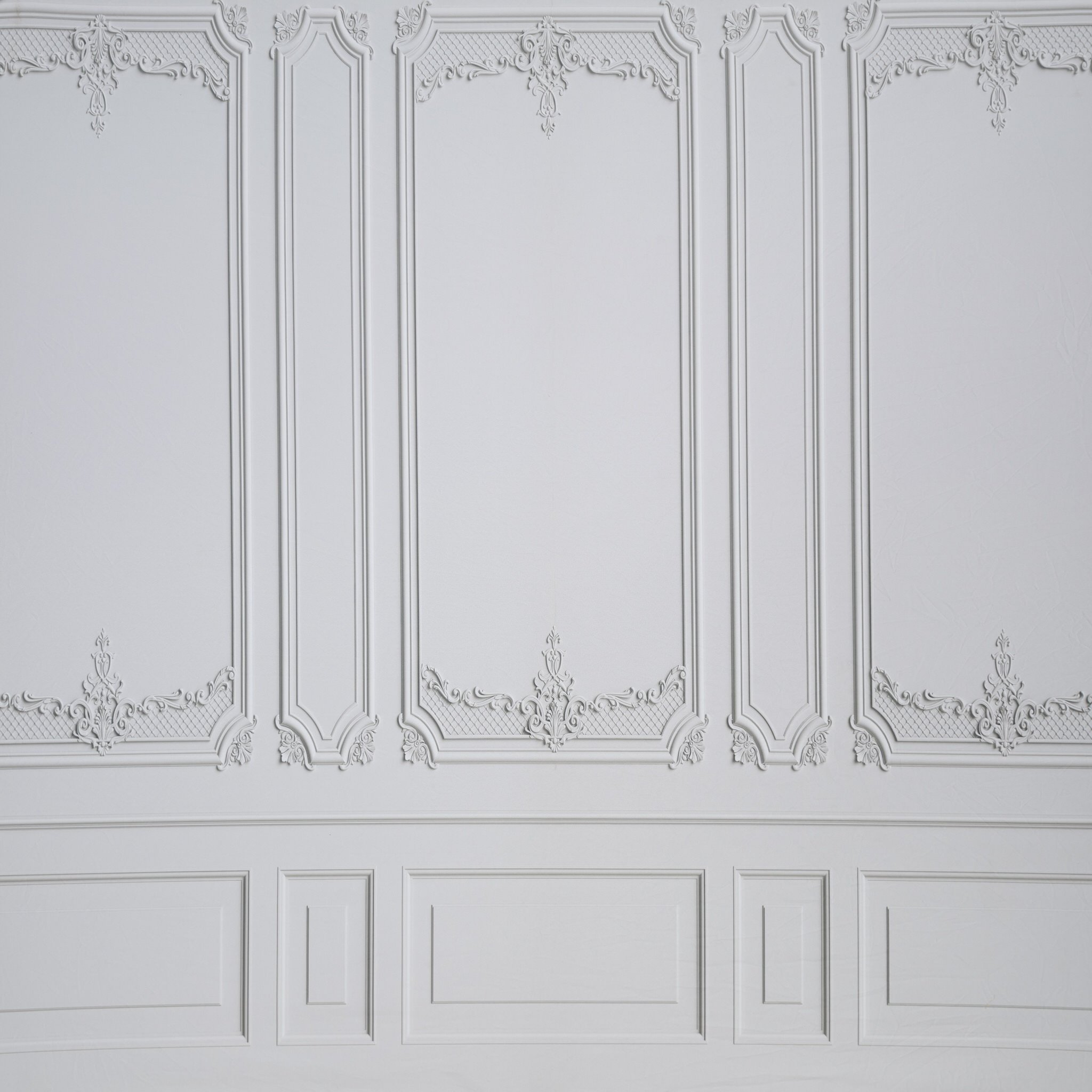 White wall with ornate decorative molding and paneling