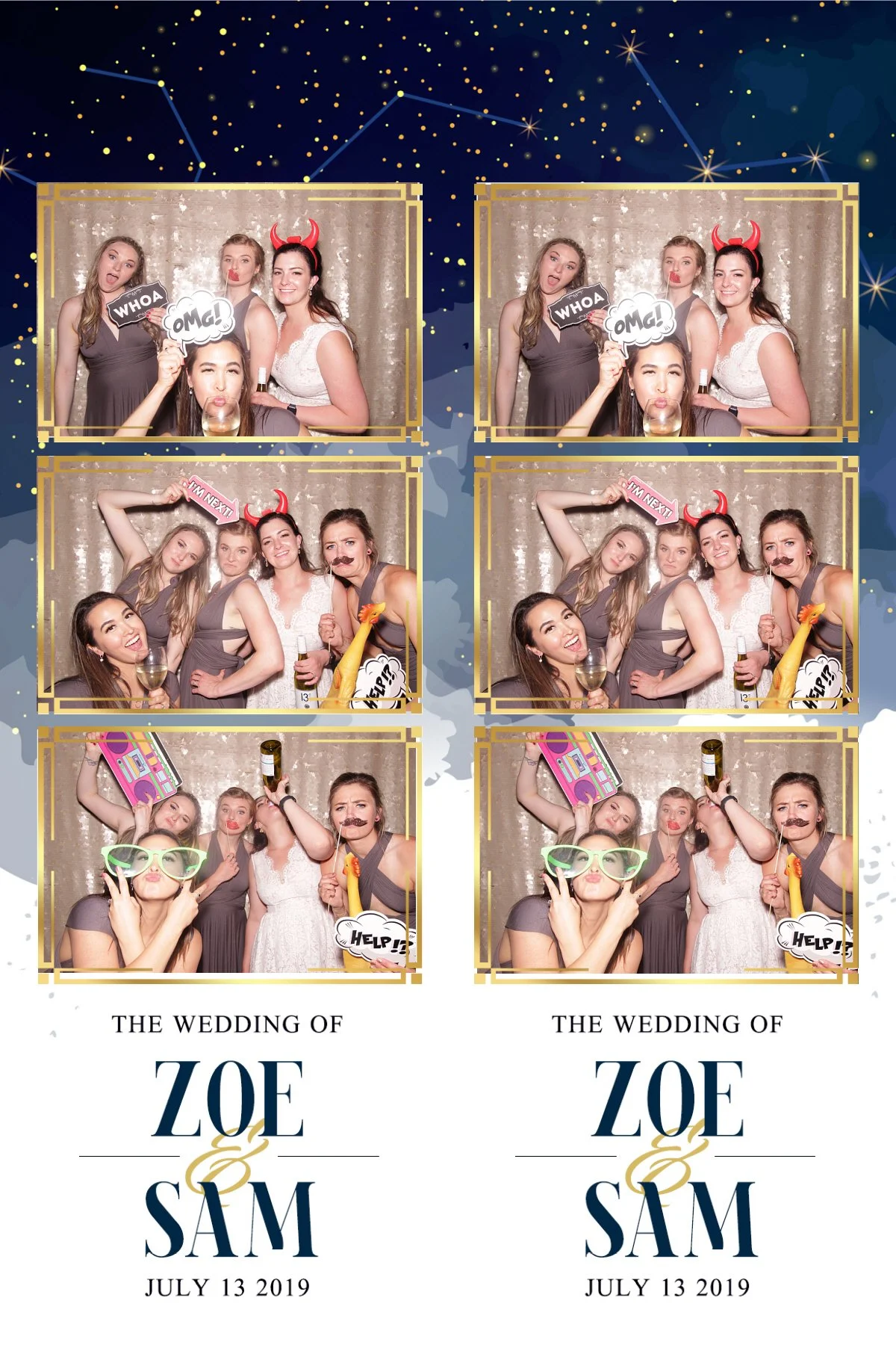 Photo booth strip from the wedding of Zoe and Sam on July 13, 2019, with friends dressed in fun costumes and holding props.
