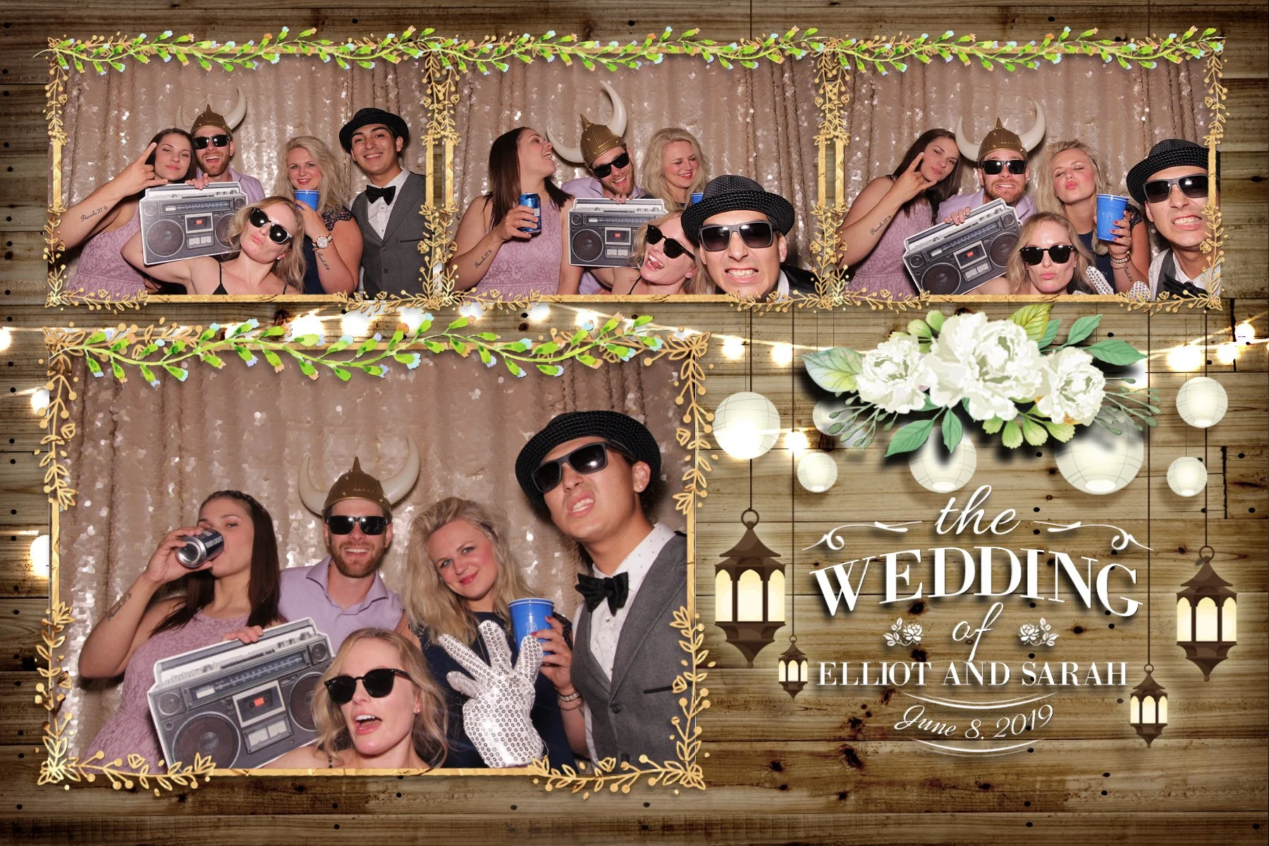 Photobooth collage from a wedding reception showing a group of people in costumes, including Viking helmets, sunglasses, and holding props like a boombox and a camera, with decorative floral borders, hanging lanterns, and a sign reading 'The Wedding 
