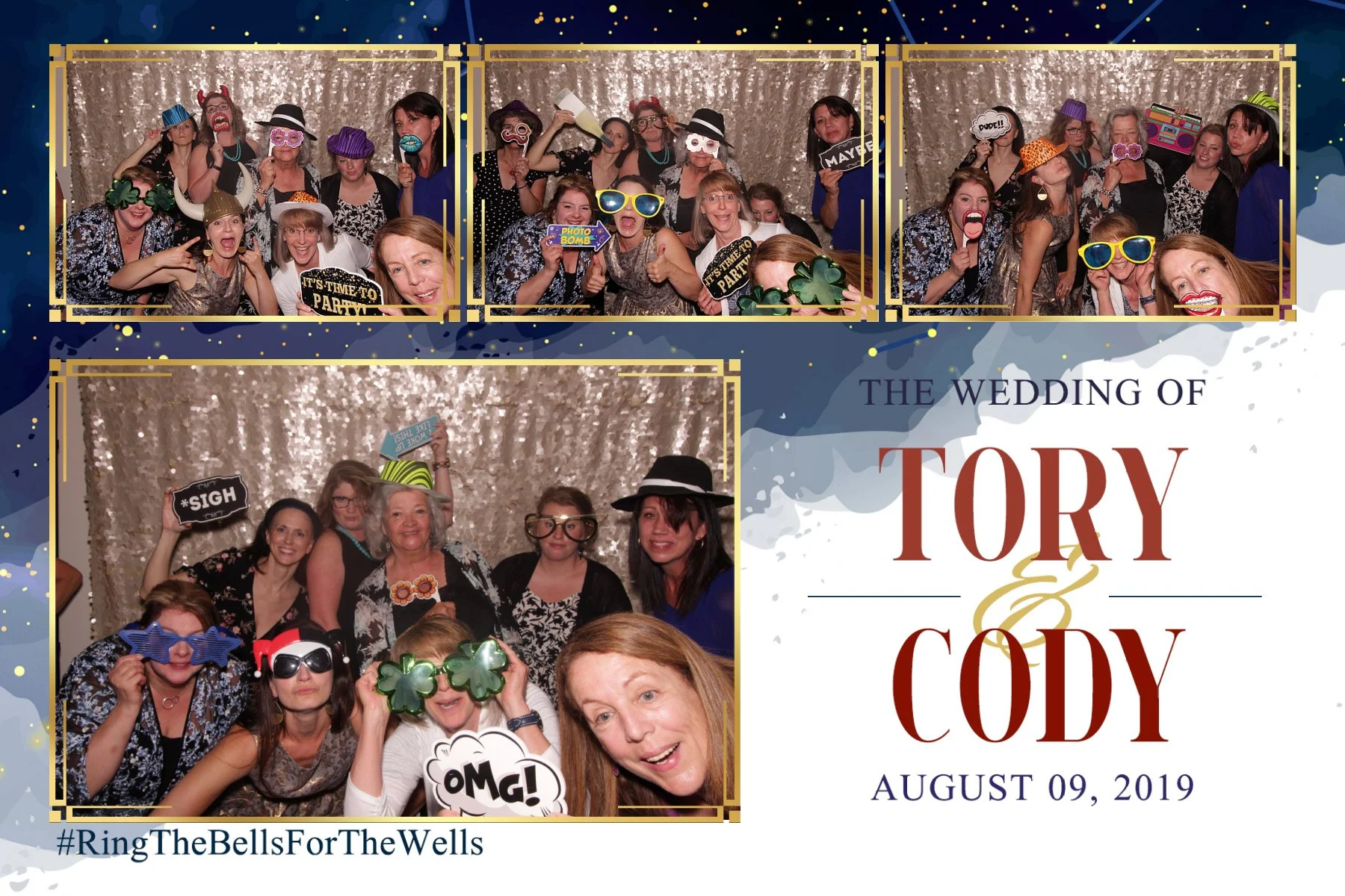 Photo booth collage of wedding guests wearing fun props, celebrating Tory and Cody's wedding on August 9, 2019, with a hashtag #RingTheBellsForTheWells