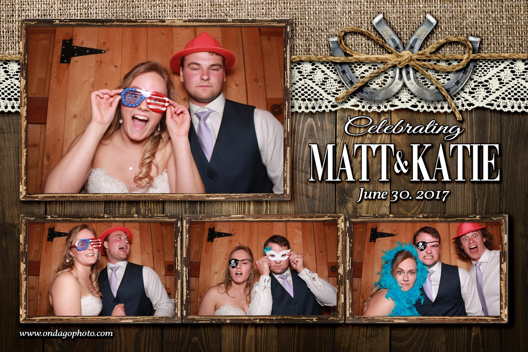 Photo booth collage celebrating Matt and Katie's wedding on June 30, 2017, with four photos of a woman and man in fun glasses, masks, and accessories.