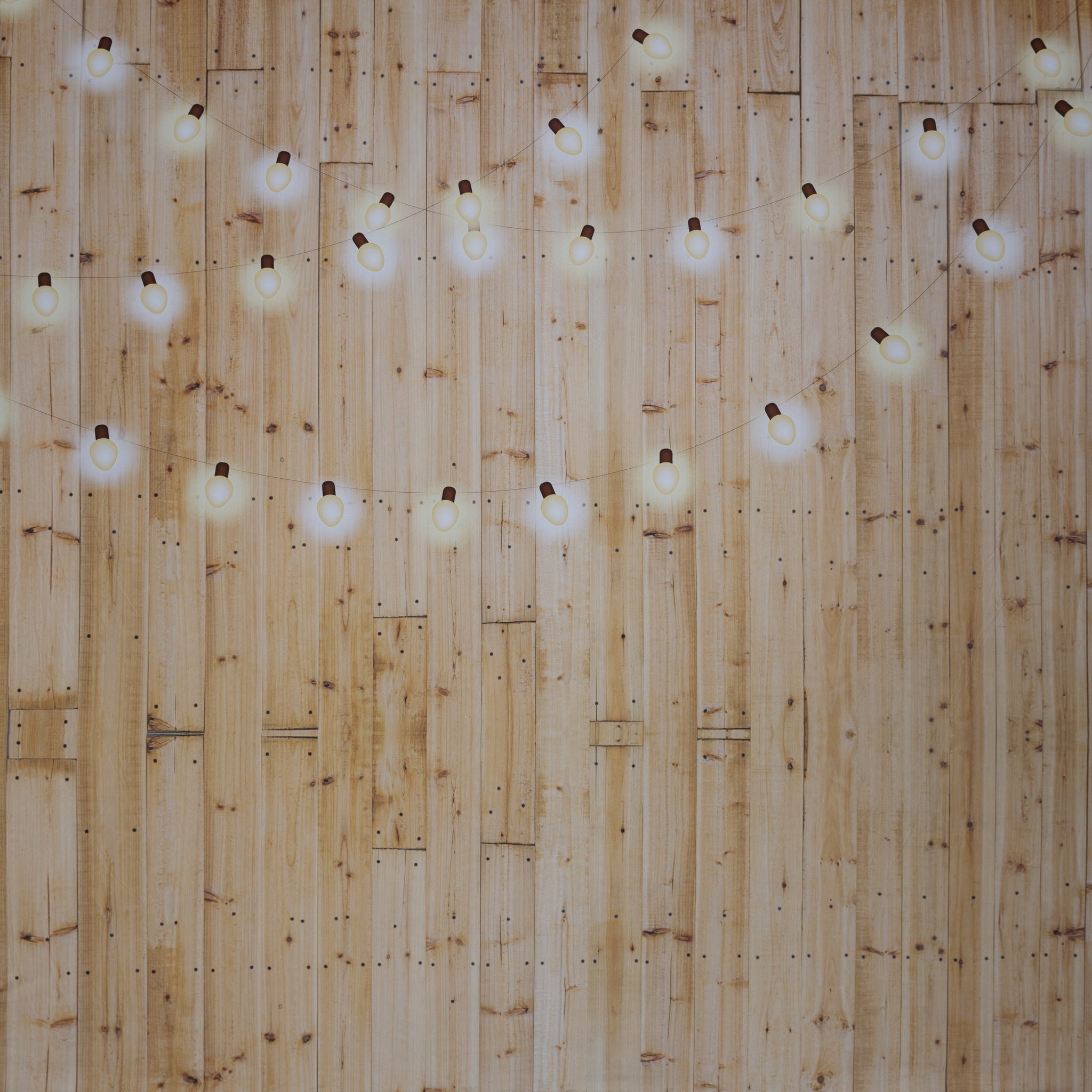 String of hanging light bulbs against a wooden wall.