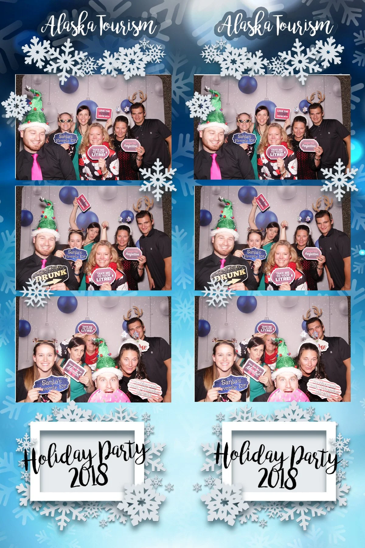 Photos from a holiday party 2018 with people wearing themed accessories, holding festive signs, and posing in front of a snowflake and blue ornament decorated backdrop.