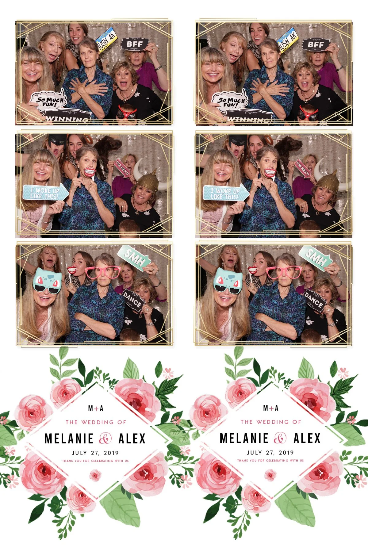 Photo booth strip from a wedding featuring six women making funny faces and wearing costumes with props, including signs, masks, and glasses. The bottom of the image has floral wedding-themed designs with text: "The wedding of Melanie & Alex, July 27