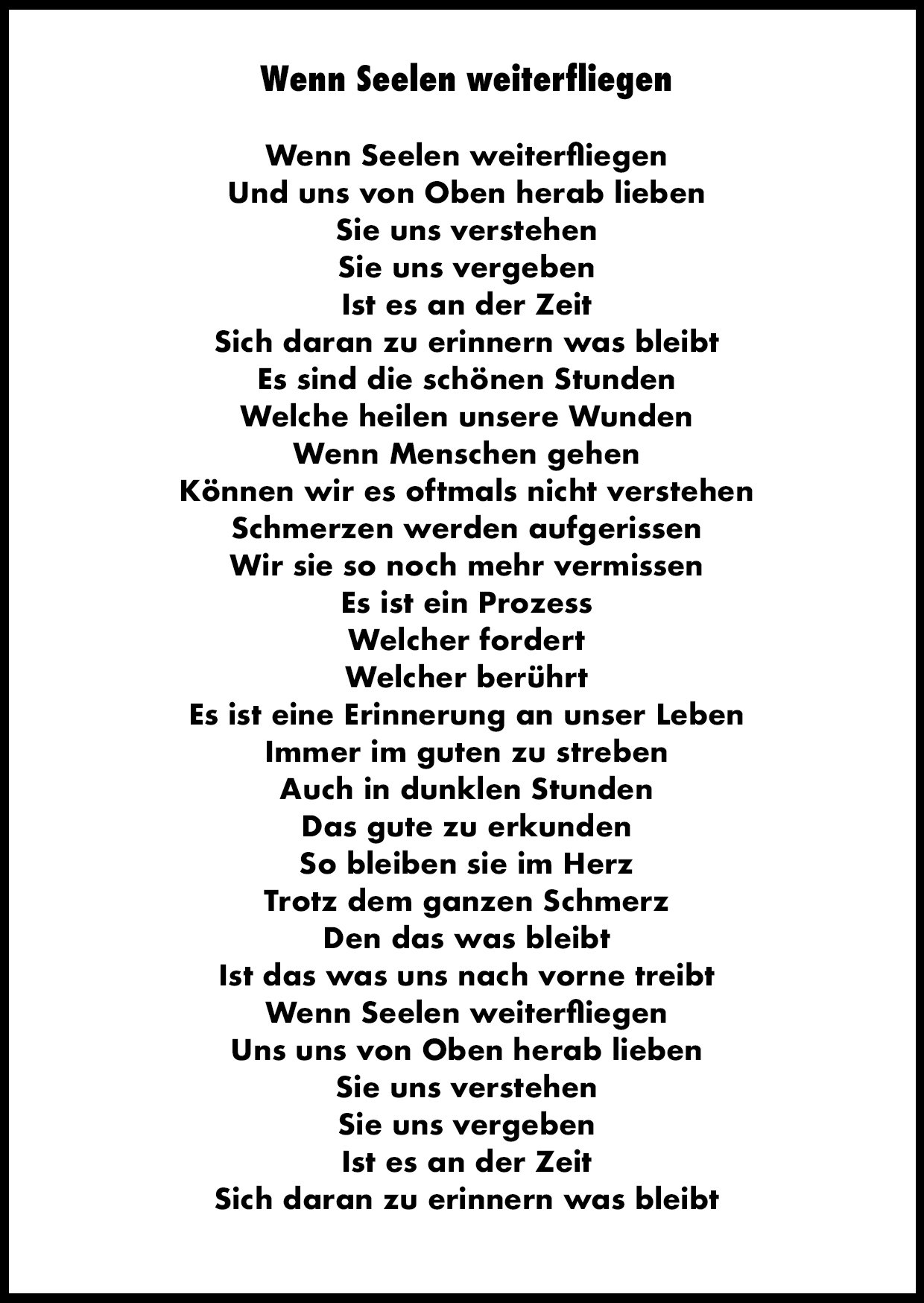 Gedicht mit dem Titel 'Wenn Seelen weiterfliegen' auf weißem Hintergrund, in schwarzer Schrift.