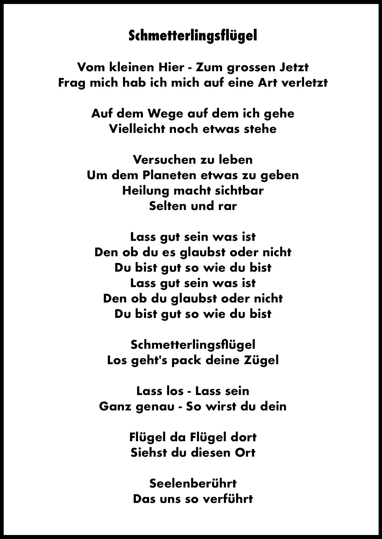 Gedicht mit dem Titel "Schmetterlingsflügel" auf Deutsch, über das Leben, Akzeptanz und das Fliegen der Seele.