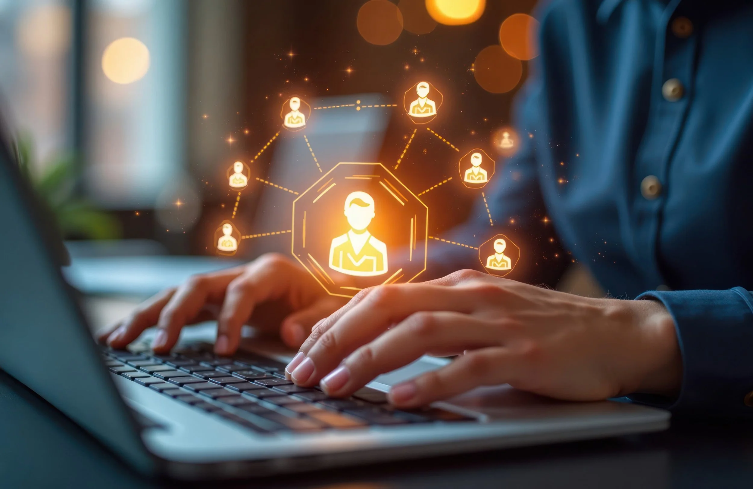 Person typing on laptop with illuminated user profiles representing real-time network-based risk analysis