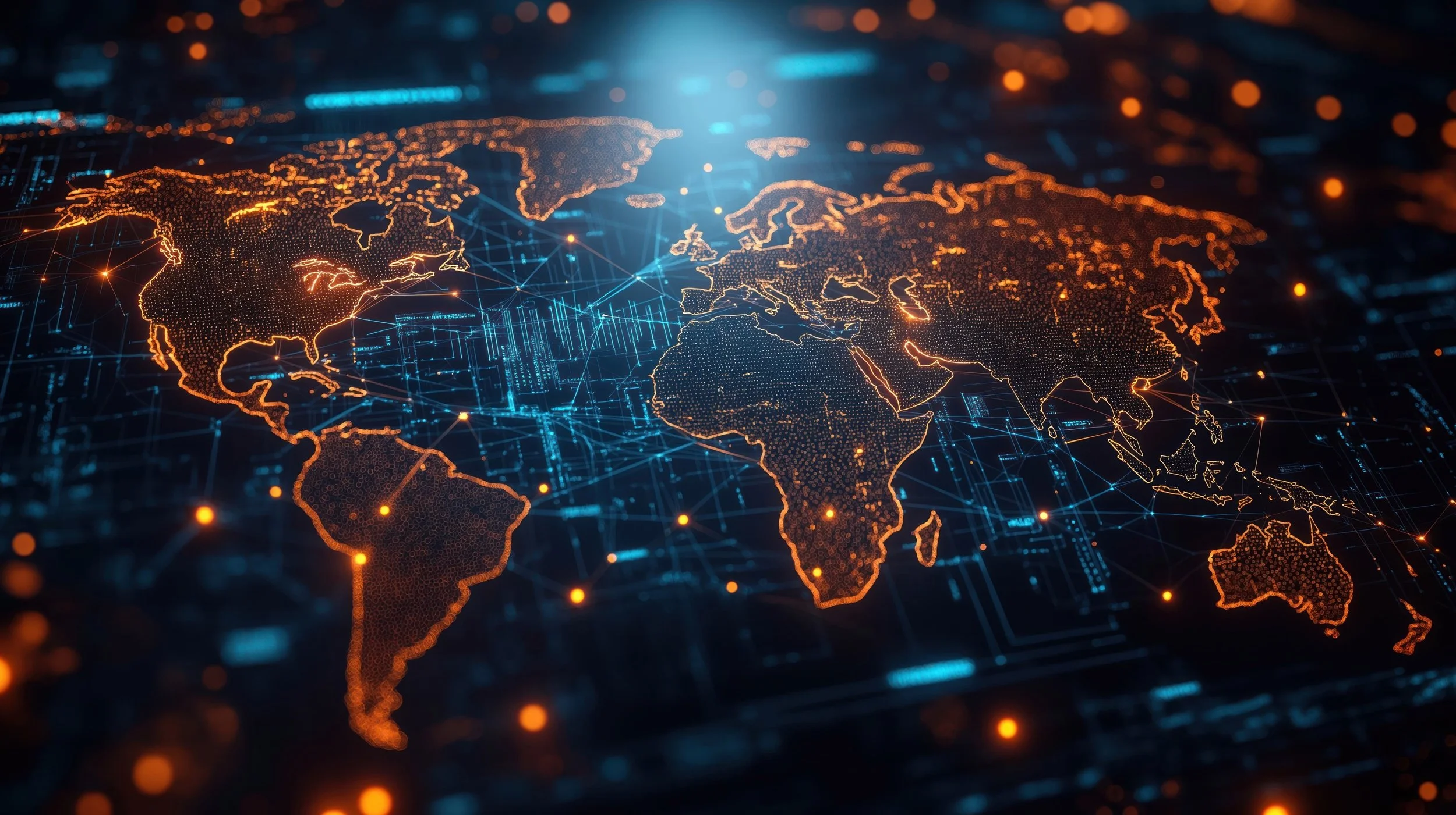 Digital world map with data overlays representing global adverse media screening for regulatory risk management