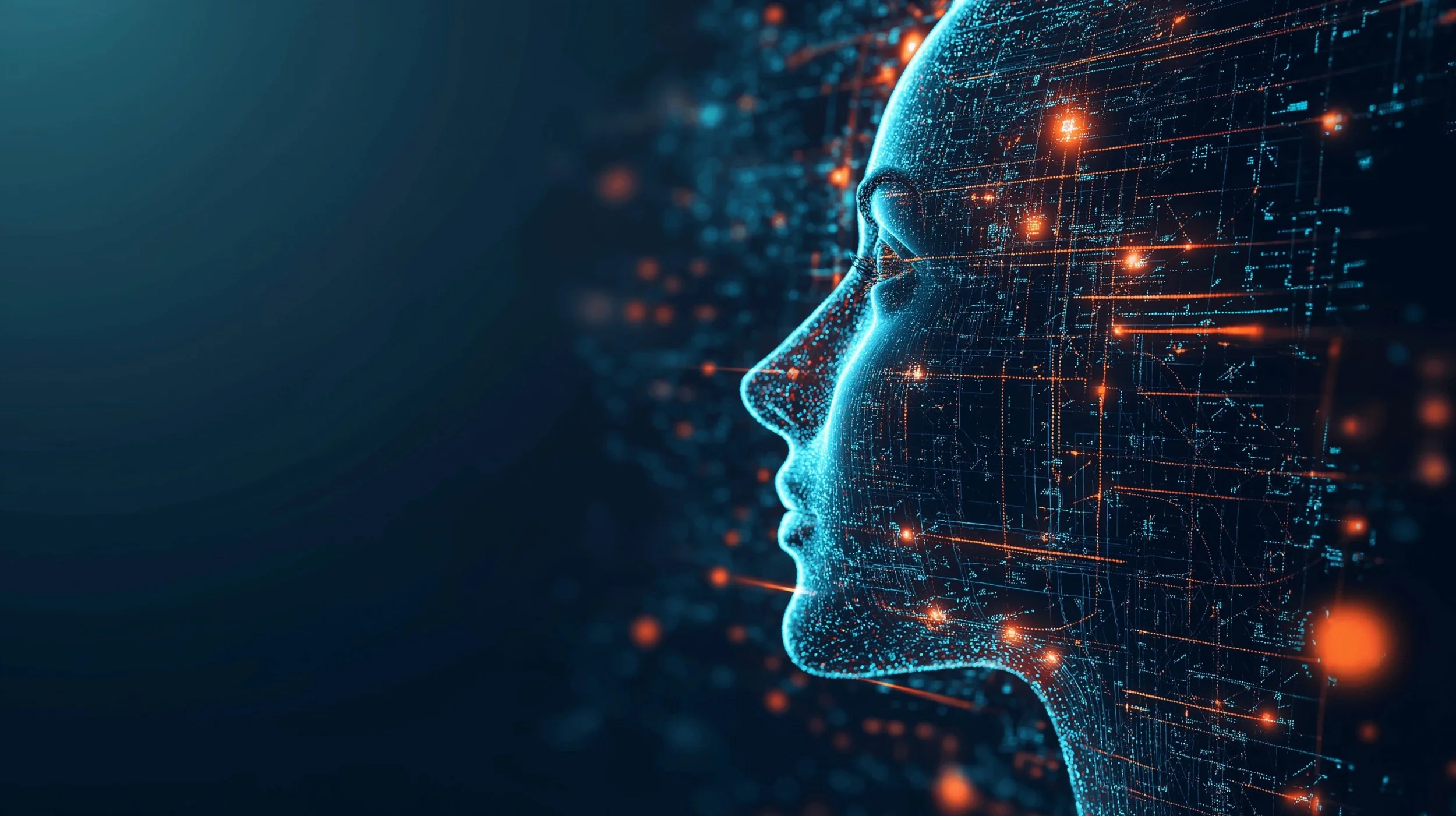 Digital face composed of data points representing AI-driven behavioural profiling and risk scoring