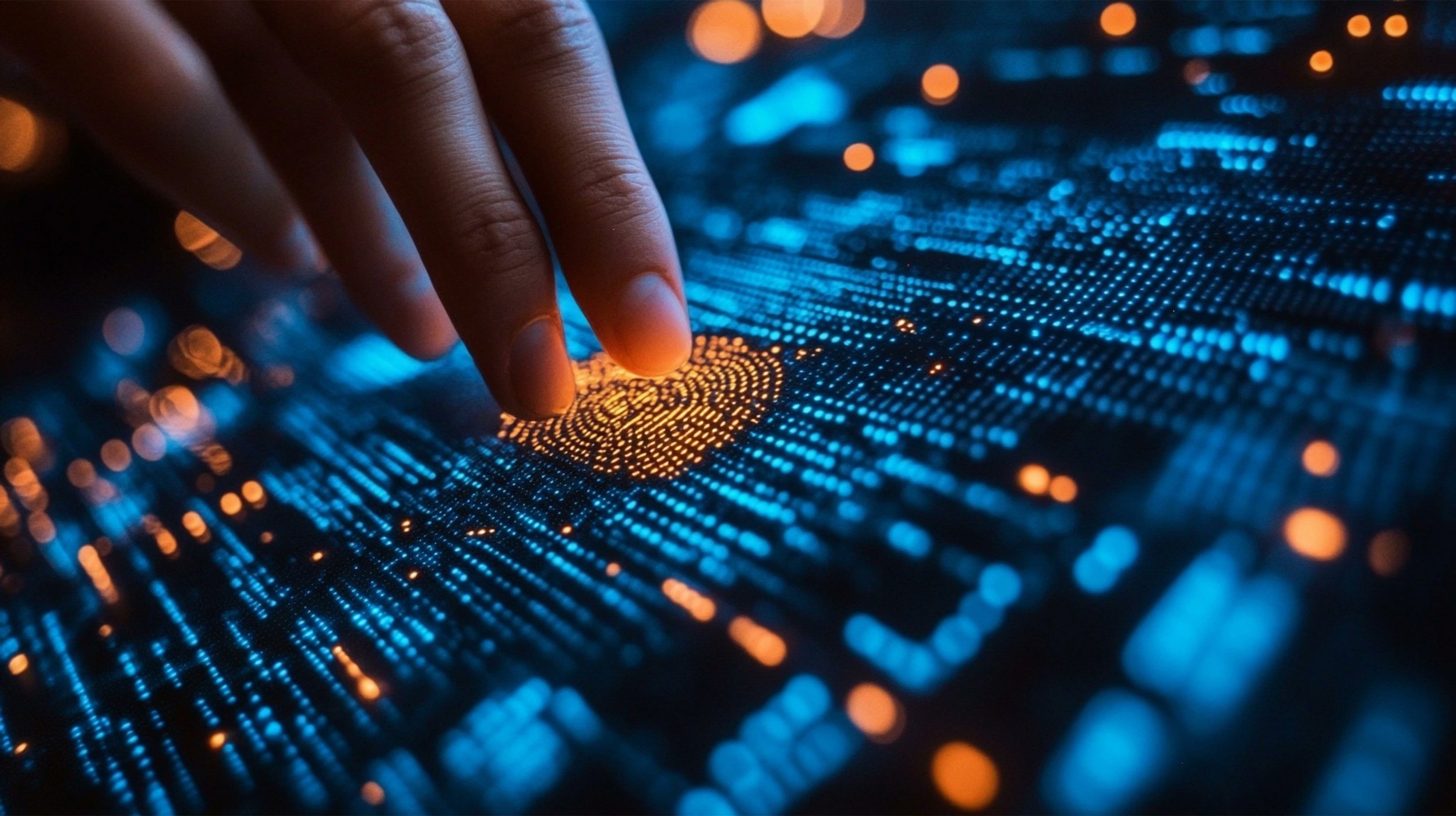 Hand scanning fingerprint on digital surface symbolising secure selection of KYC API for identity checks