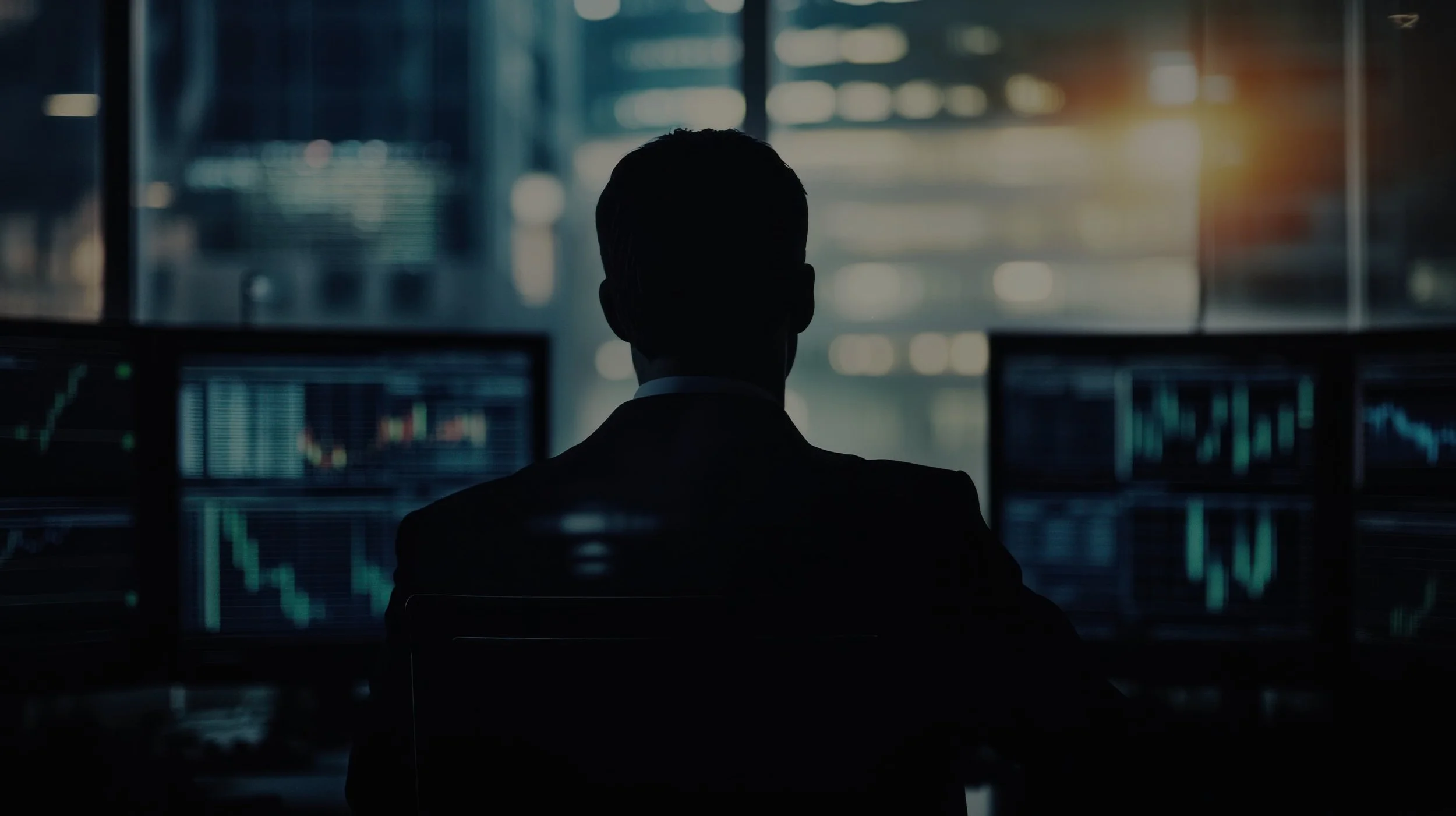 Silhouetted trader reviewing multiple monitors displaying financial charts for insider trading detection
