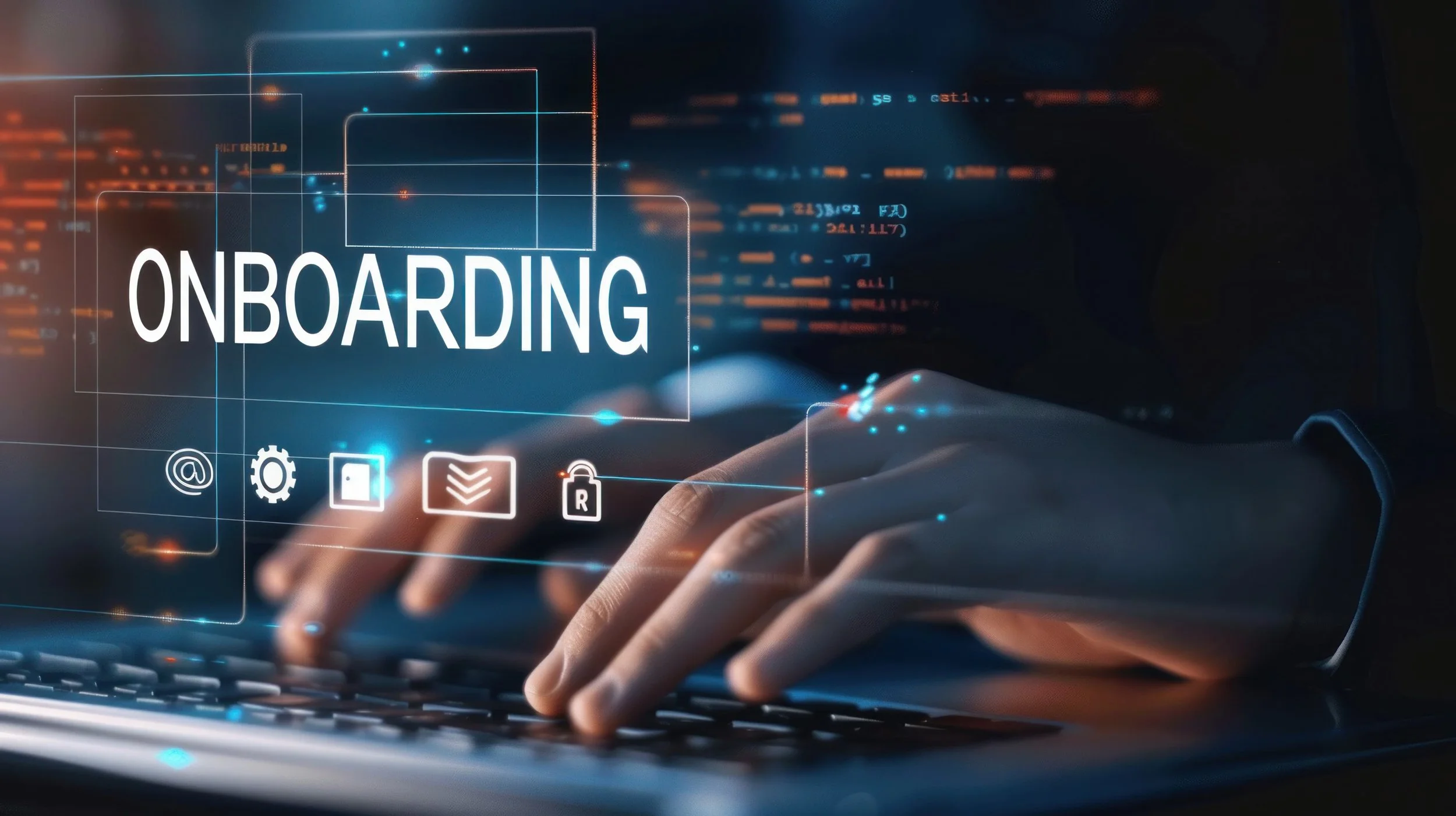 Person typing on laptop with digital onboarding interface displaying icons for access, security, and process automation