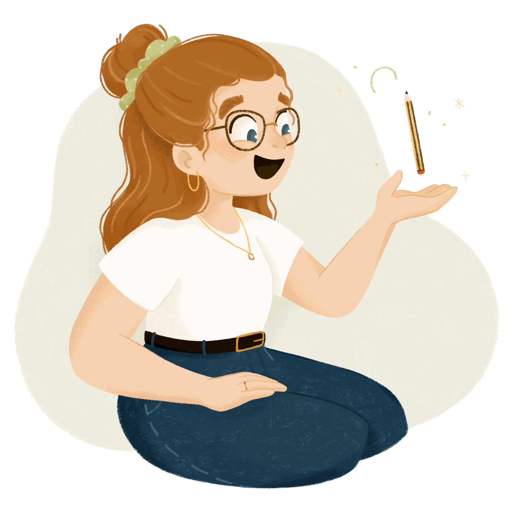 Dibujo de una mujer con gafas, cabello rizado, aseando con una mano una pluma que flota en el aire, sonriente, vestida con camiseta blanca, pantalón oscuro, sentada en posición de loto.