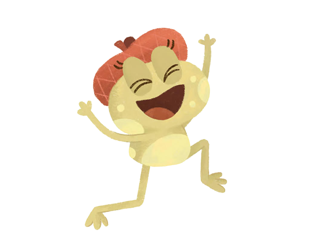 Ilustración de una rana feliz con un sombrero de comida y expresión alegre, saltando con brazos levantados.