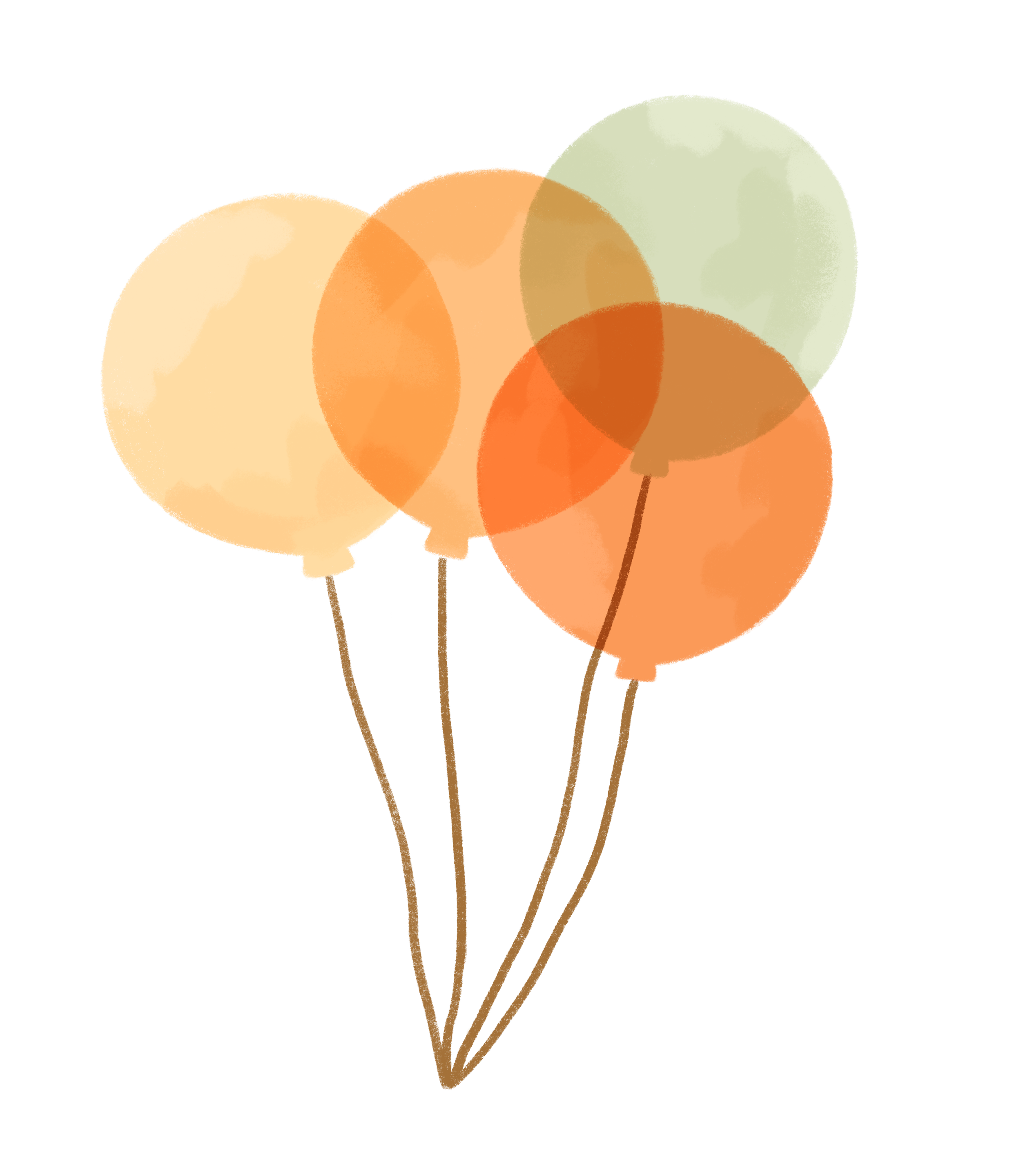 Grupo de globos de colores pastel, naranja, amarillo, verde y beige, agrupados y atados juntos.