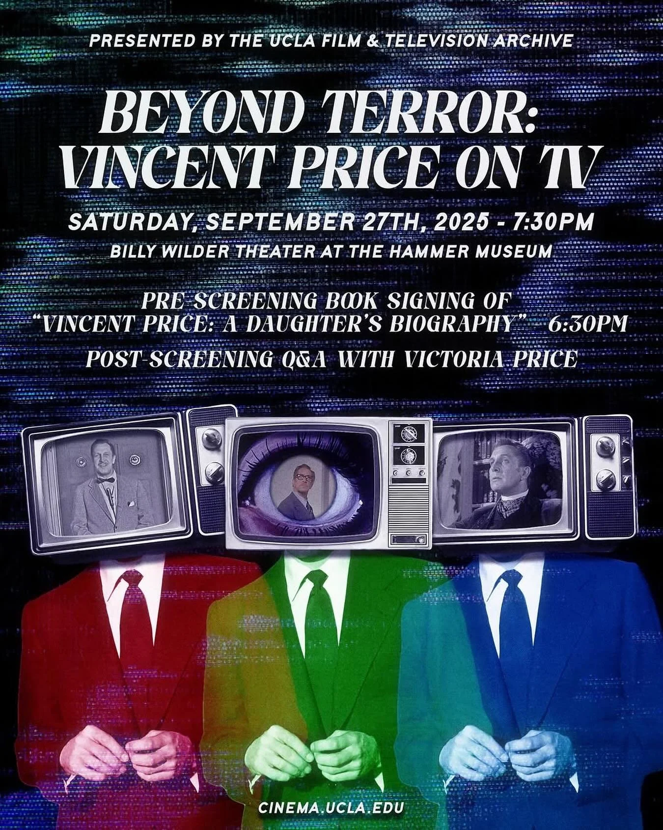 I’m so excited for this Saturday, September 27th at 7:30pm. Please join me at the Billy Wilder Theater at the @hammer_museum for a free screening with the UCLA Film & Television Archive, Beyond Terror: Vincent Price on Television! I will be