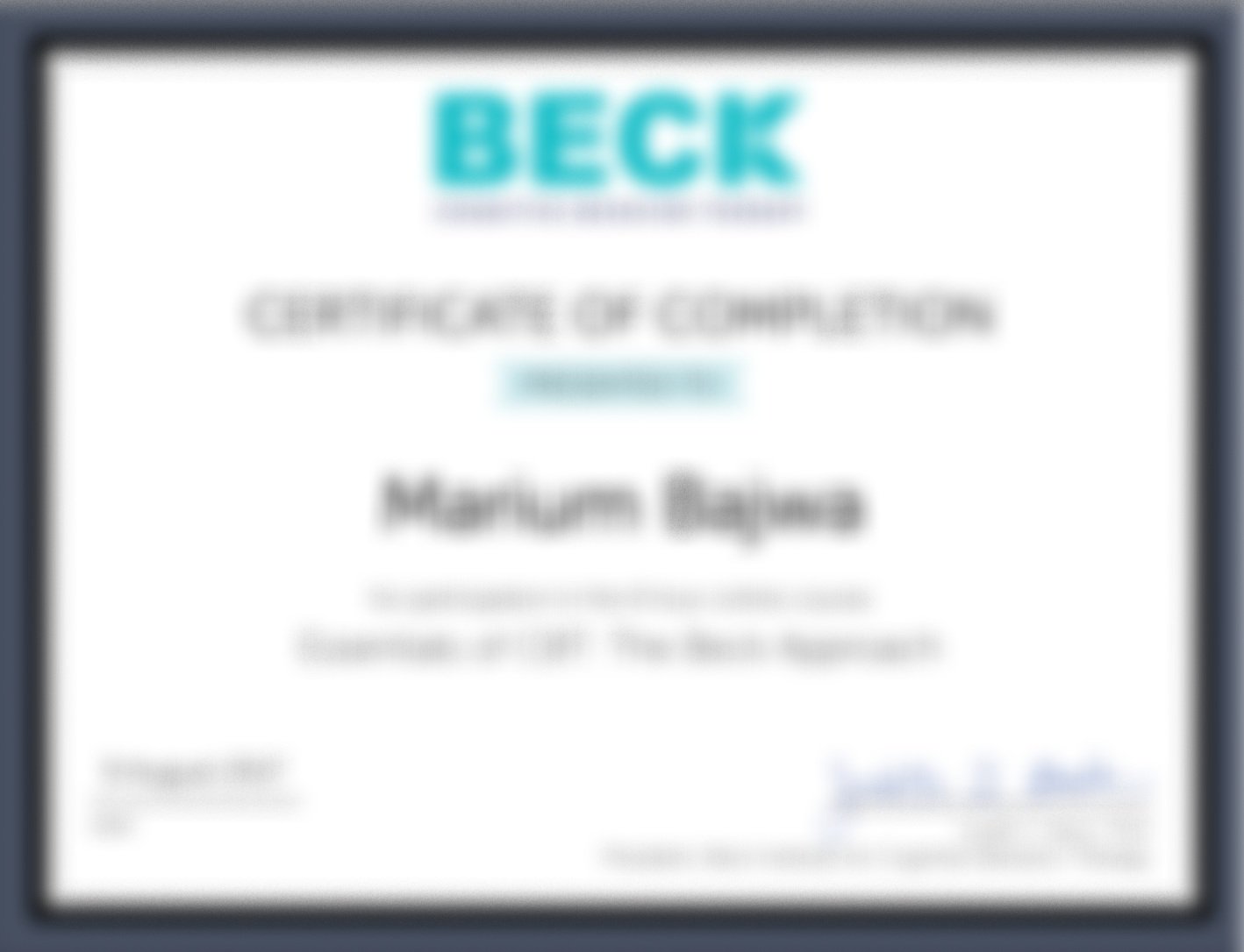 A certification plaque from the Certificate of Completion program by Beckett Media, featuring the name Matthew Lee