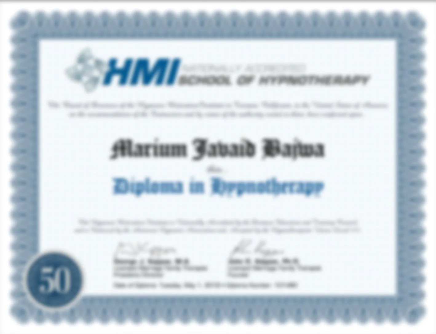 Blurred image of a diploma from the Homeschool Masters Institute, awarded to a student named Mariam Ismail Bayou, for completing a homeschooling program, with a profile number 50.