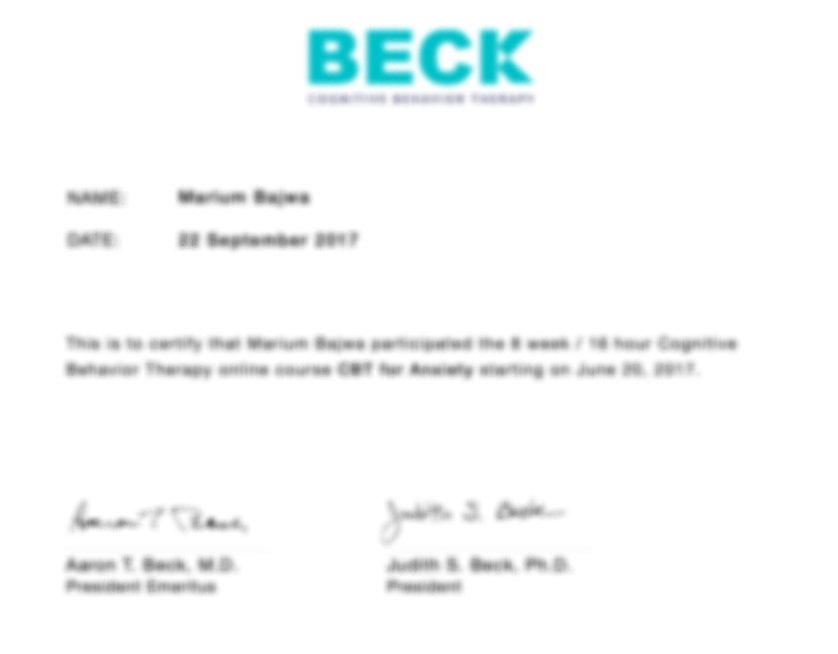 A certificate from BECK certifying participation in a cognitive behavior therapy course on June 26, 2017.
