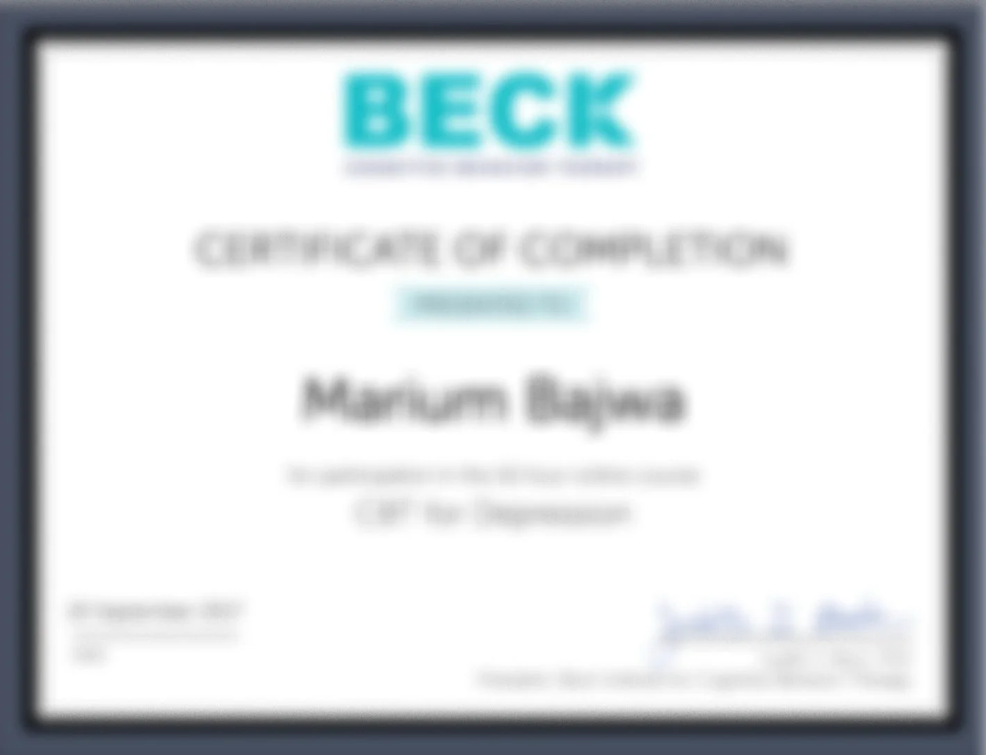 Diploma certificate titled 'Beck' awarded for completing a course, recipient Mariana Lopez's name visible.