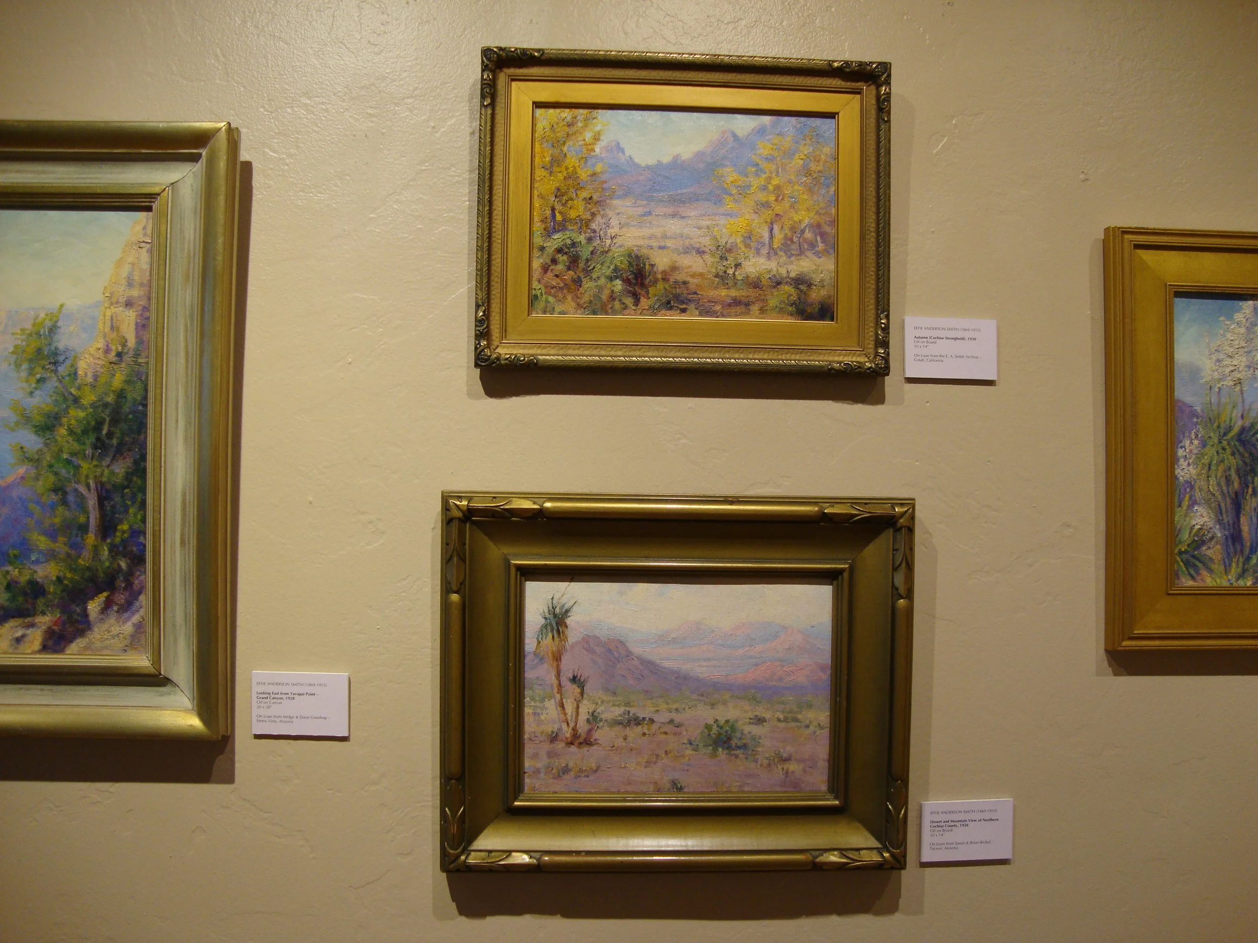 UPPER - "Autumn" (Cochise Stronghold with Sycamores), 1930 - On loan from E.A. Smith Archive, Cotati CA LOWER - Desert and Mountain View of Northern Cochise County, 1926 - On loan from Susan & Brian Bickel, Tucson AZ * Effie Anderson S
