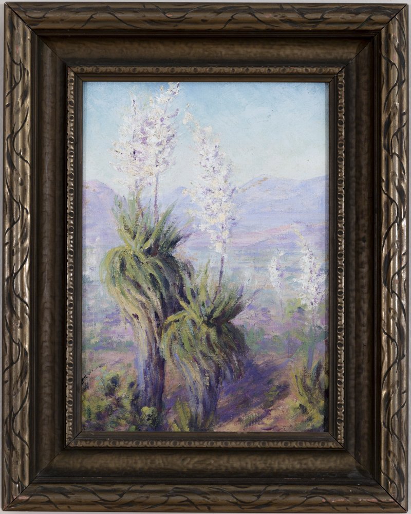 YUCCAS AND VALLEY VIEW (1942) by Effie Anderson Smith. Private Collection - Arizona. Oil on canvas board. 14" x 10".