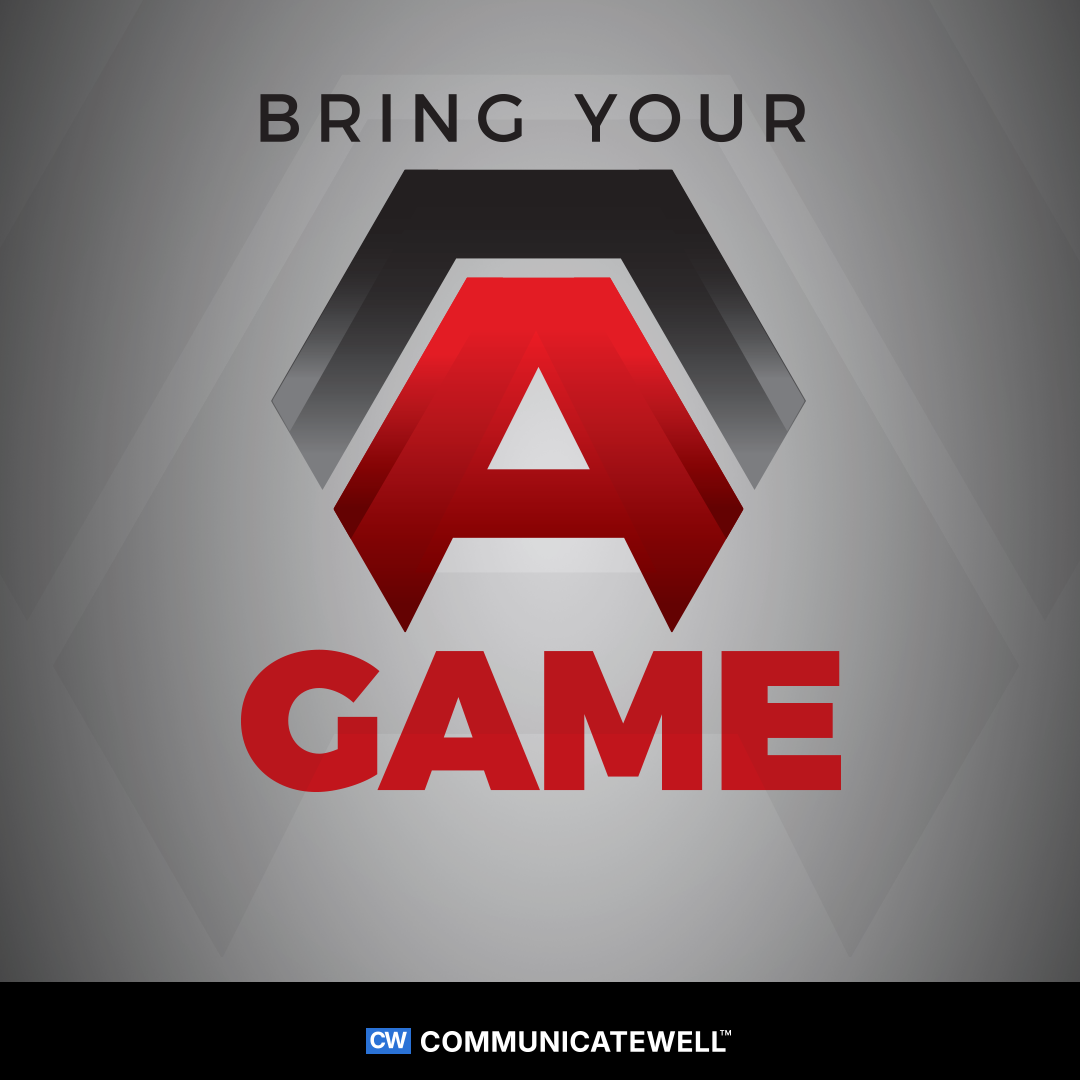 Text reading 'Bring Your A Game' with a stylized letter A in red and black hexagonal shapes behind it, on a gray background.