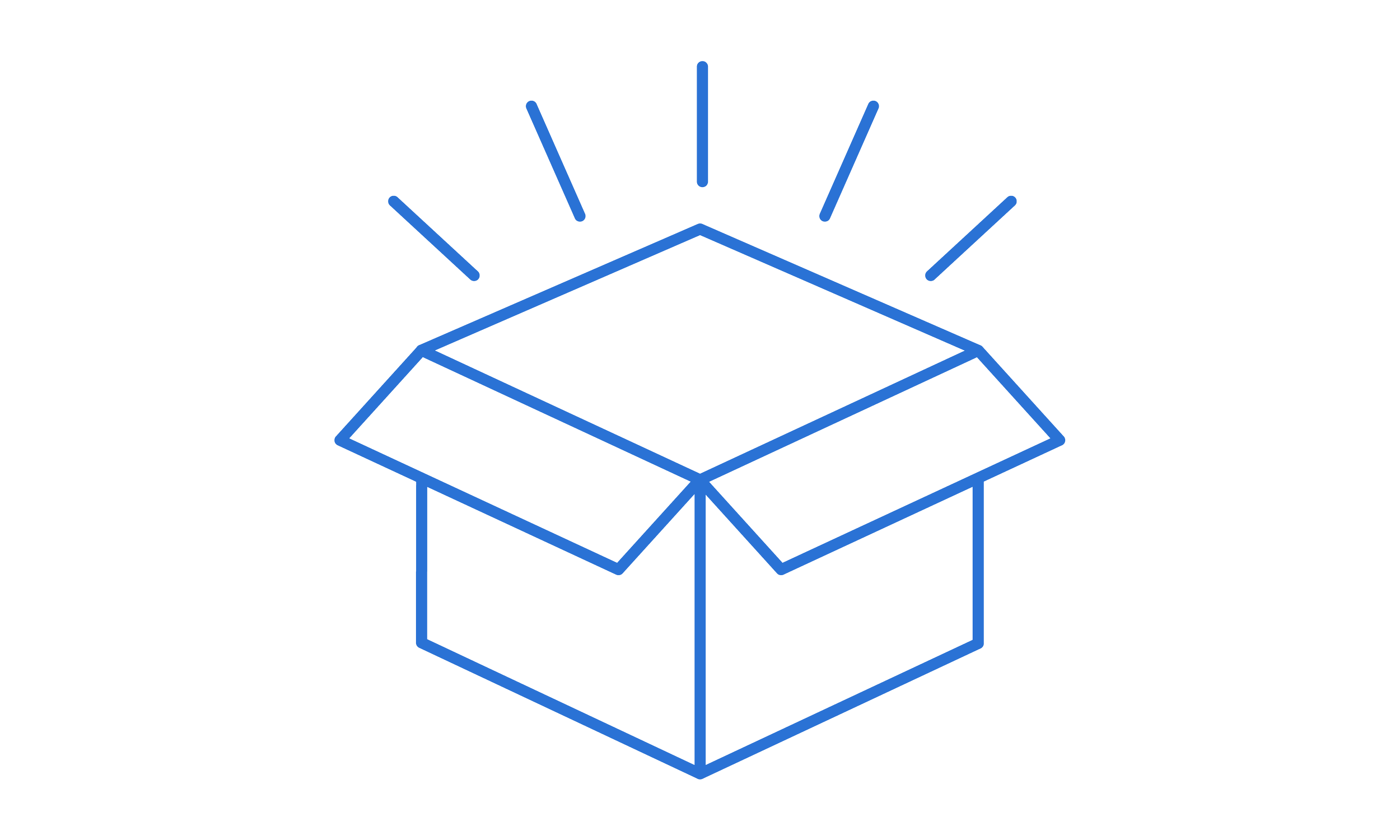 An open cardboard box with lines indicating it is a gift or package, and rays above it suggesting it is new or exciting.