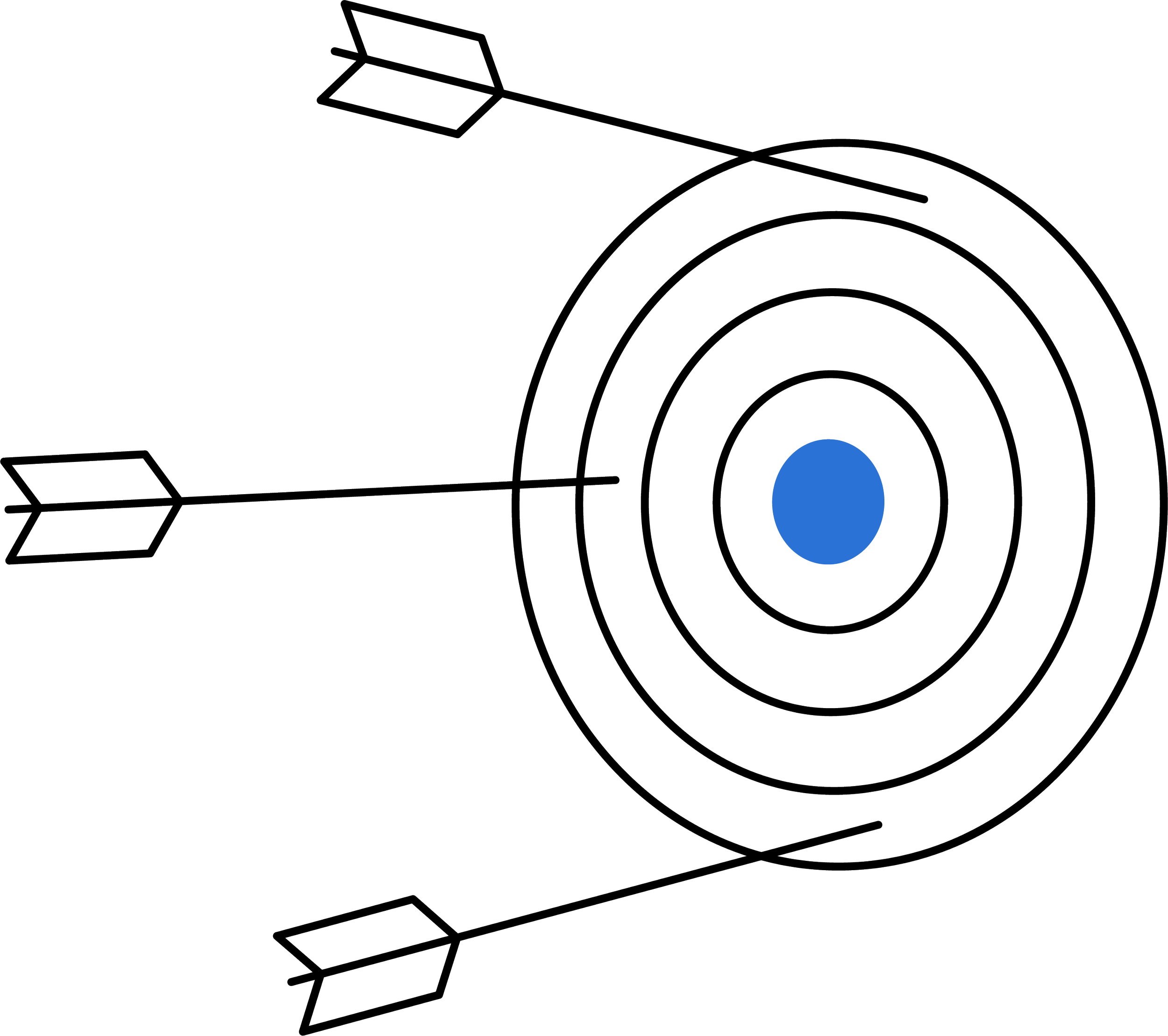 Archery target with three arrows hitting the bullseye, mounted on a black background.