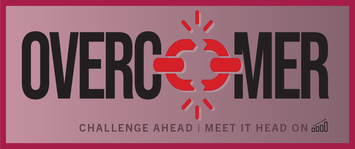 Overcome logo with bullet point target symbol in the middle and slogan 'Challenge Ahead | Meet It Head On' below.